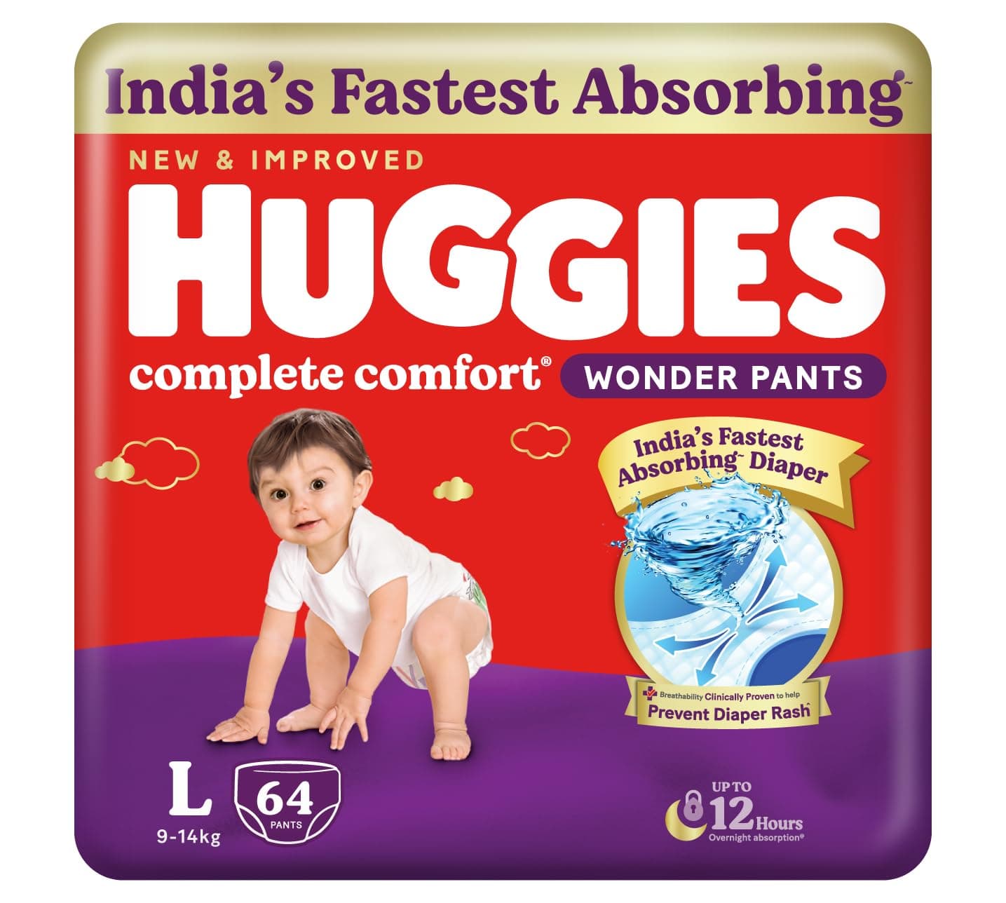 Complete Comfort Wonder Pants | Pant Style Baby Diapers Large Size (L), 64 Count | India's Fastest Absorbing Diaper, Prevents Diaper Rash, Ideal for 9 to 14 Kgs