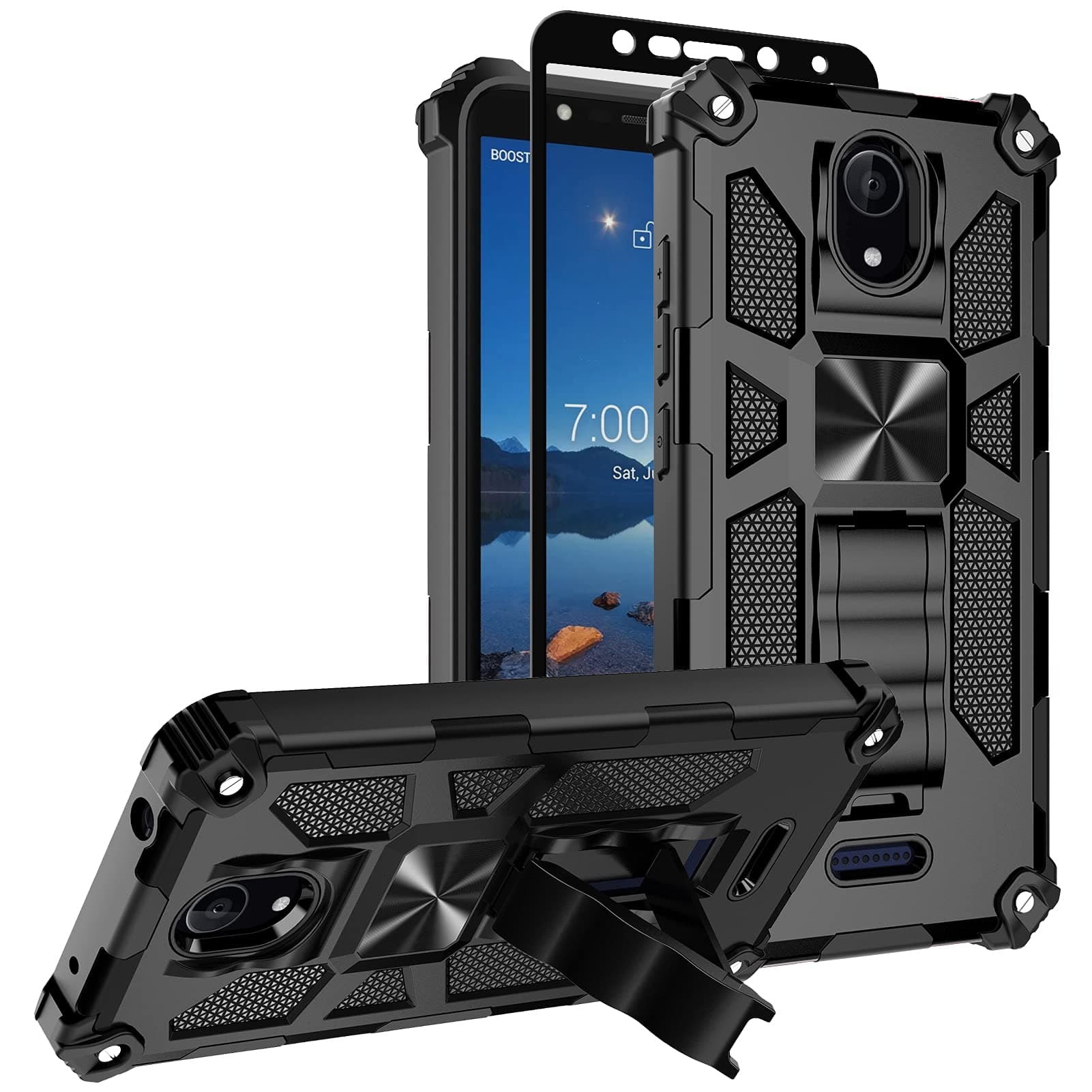 Nuomaofly for Wiko Ride 2 (U520AS Boost Mobile) Case with Screen Protector, [Military-Grade Protective] Defender Phone Case Heavy Duty with Finger Ring Holder Kickstand - Black