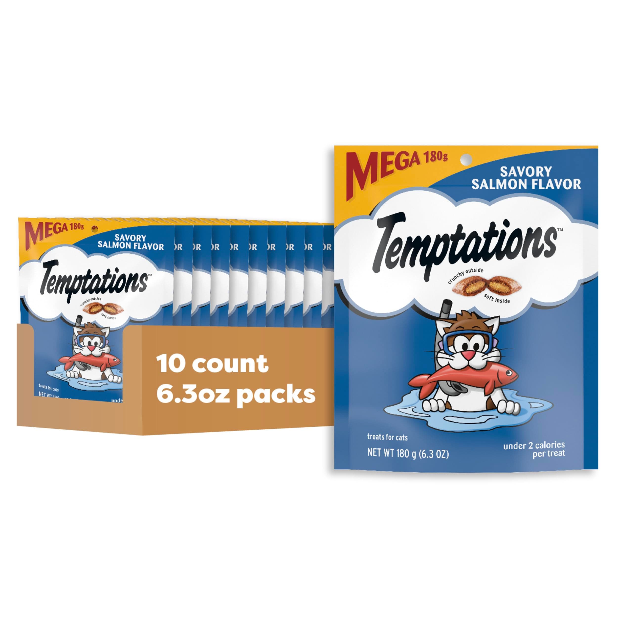 Temptations Classic Crunchy and Soft Cat Treats, Savory Salmon Flavor, 6.3 oz. Pouch (Pack of 10)
