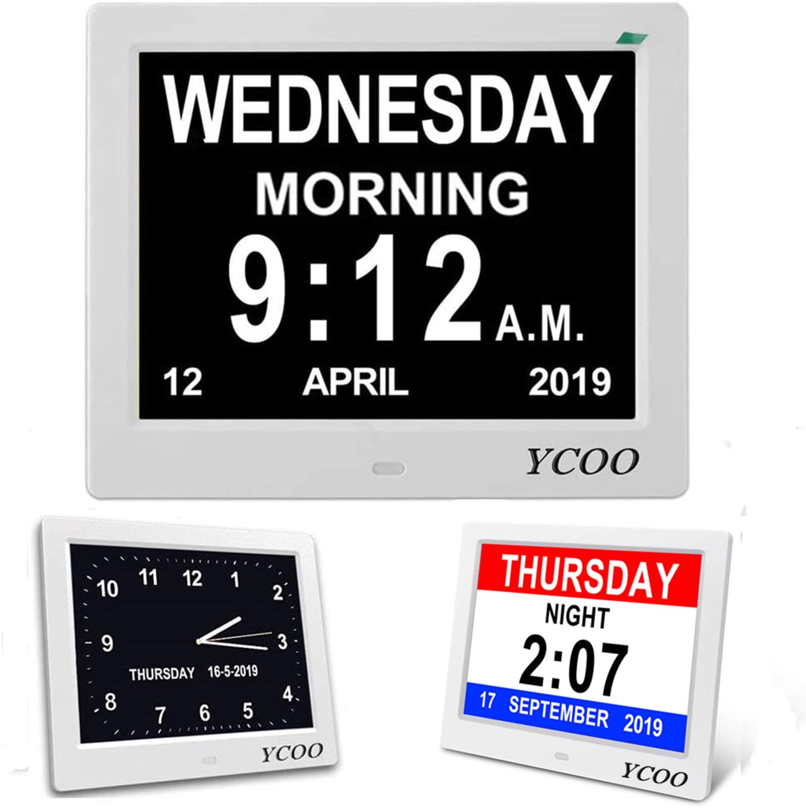 YCOO [Newest] Digital Calendar Day Clock,12 Options Alarm Clock - Memory Loss Day Clock - Electronic Digital Clock with Large HD LCD - Desk clock, Wall Clock Excellent for Impaired Vision