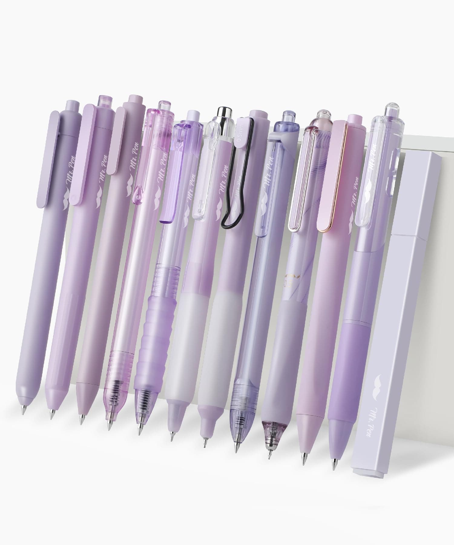 Mr. Pen- Gel Pen Set, 12 Pack, Pastel Purple Barrels, 1 x Aesthetic Highlighter, 0.5mm Purple Pens with Black Ink
