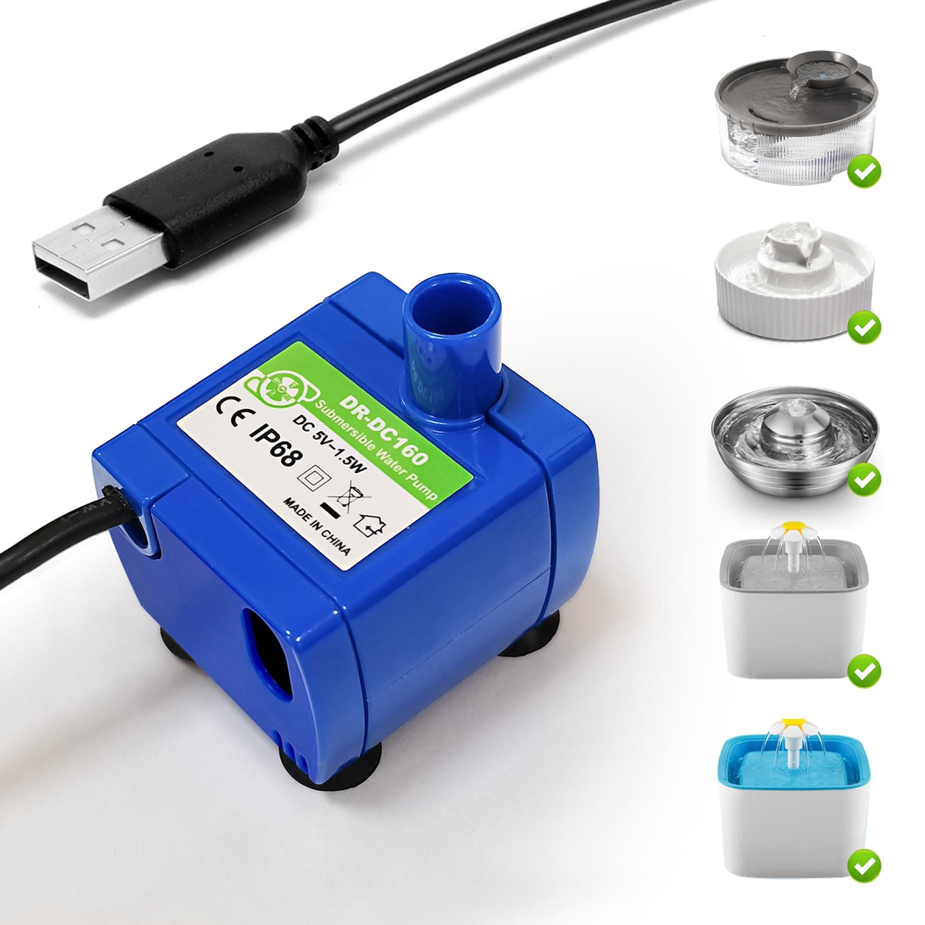 Cat Water Fountain Pump,Pet Fountain Pump No LED Light Replacement Pump DR-DC160 Motor for 360°Stainless Steel Cat Fountain and Cupcake Ceramic Cat Drinking Fountain(DR-DC160)