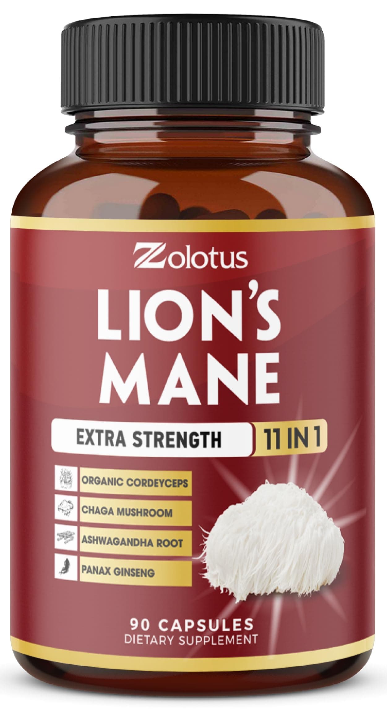 Zolotus 11 in 1 Lions Mane Mushroom Capsules, 3 Month Supply with Cordeyceps, Reishi, Ashwagandha, Panax Ginseng - 90 Capsules