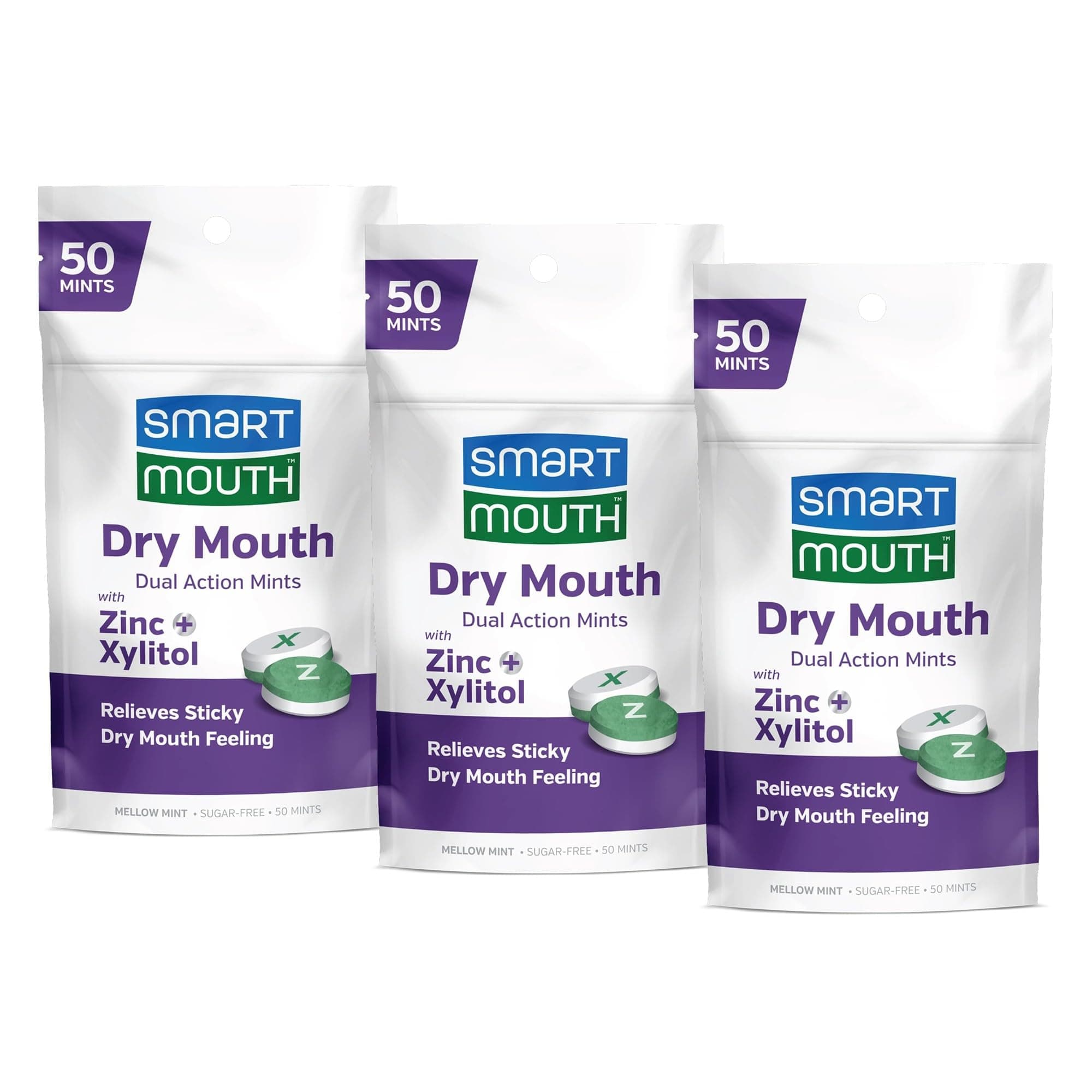 Dry Mouth Dual-Action Mints - Sugar-Free Breath Mints - 50 Count, 3 Pack, Mellow Mint