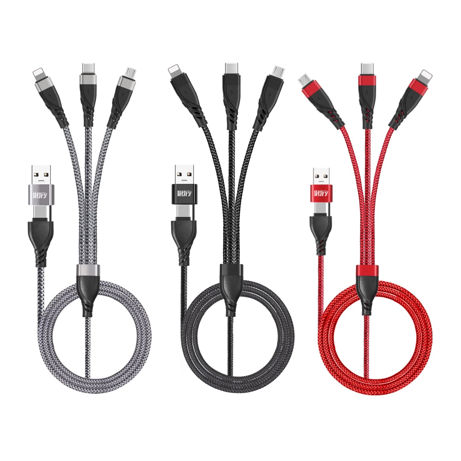 USB A/C to Multi Charging Cable, 4ft 3Pack Universal 6-in-1 USB Cellphone Cables, Multiple Charger Cord with Phone/Type C/Micro USB Connectors for Laptop/Tablet/Phone(Gray,Black,Red)