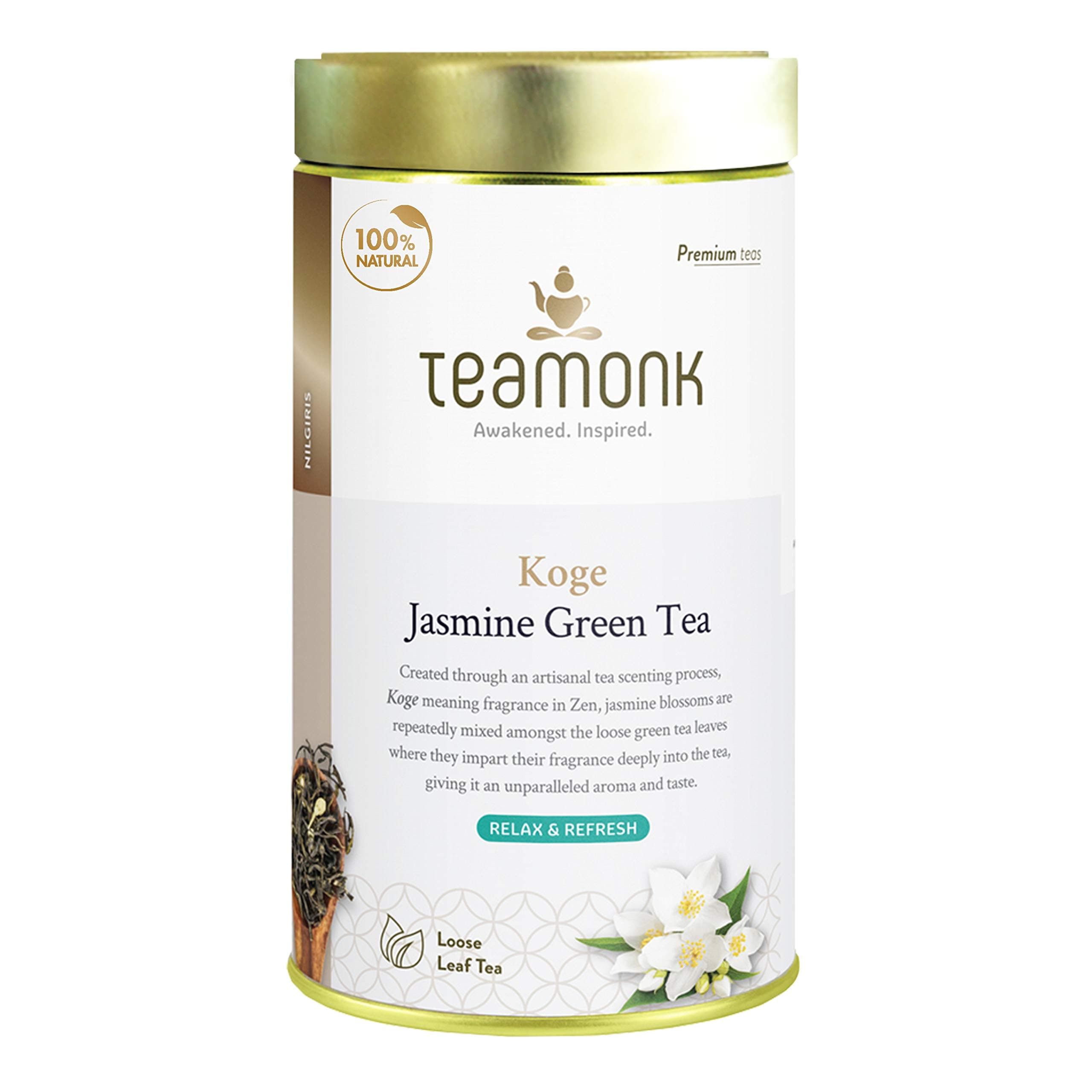 Koge High Mountain Jasmine Green Tea Whole Leaf - 200 gm Box (100 Cups) with GreenTea Loose Leaves and Freeze Dried Jasmin Flowers for Natural Flavour. Helps Lose Weight Fast. Antioxidant Rich
