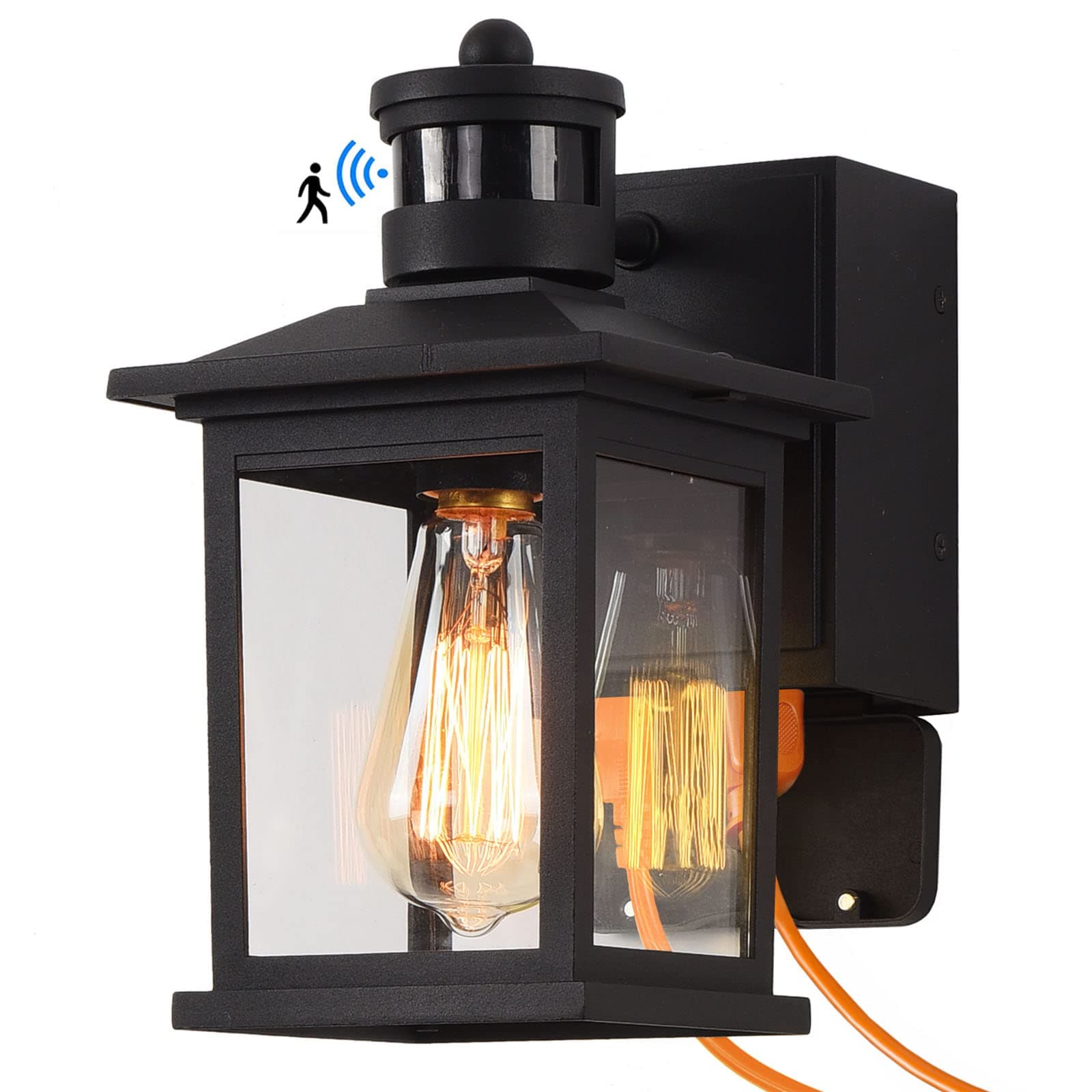 Motion Sensor Outdoor Porch Light with GFCI Outlet Built in Black Exterior Wall Lantern Dusk to Dawn Outside Sconce Lighting Fixture Rustic Wall Mount Coach Lamp for House Garage Patio