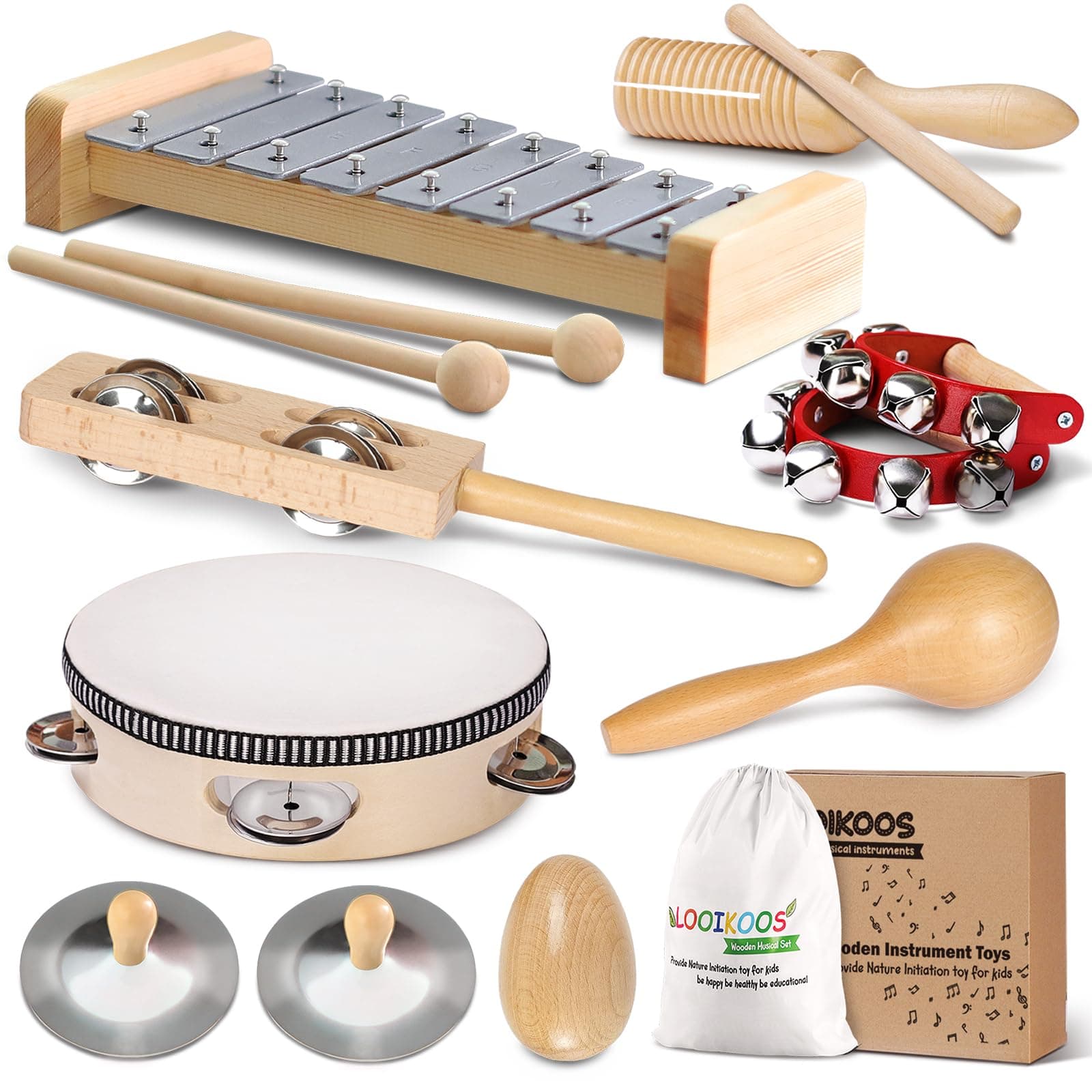LOOIKOOS Toddler Musical Instruments International Natural Wooden Music Set for Toddlers and Kids - Eco Friendly Preschool Educational Musical Toys with Storage Bag