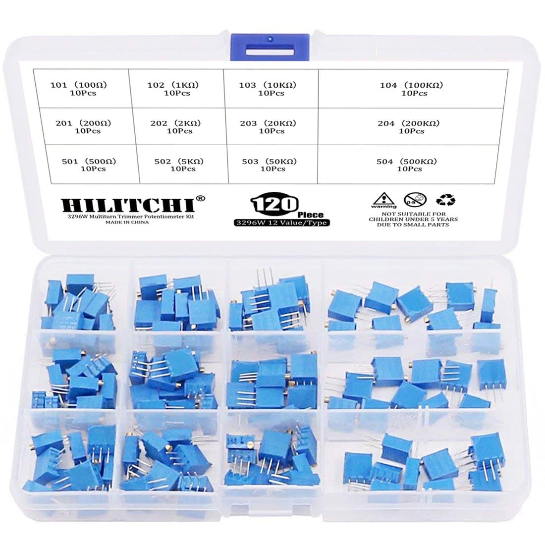 120-Pcs [100 to 500K] ohm 3296W Multiturn Trimmer Potentiometer Assortment Kit - [12 Value]