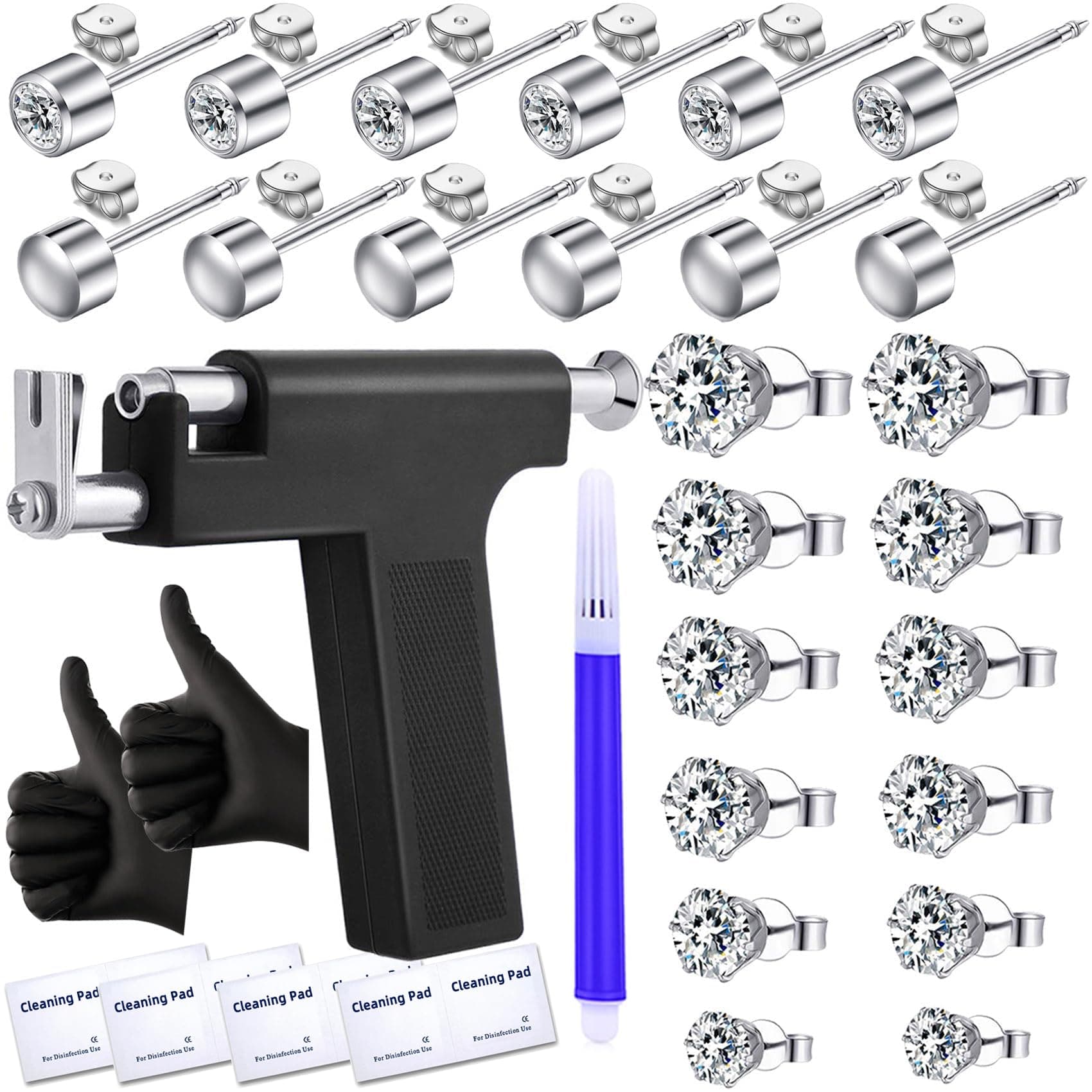 Ear Stud Gun Kit include 12Pairs different size diamond Ear Stud
