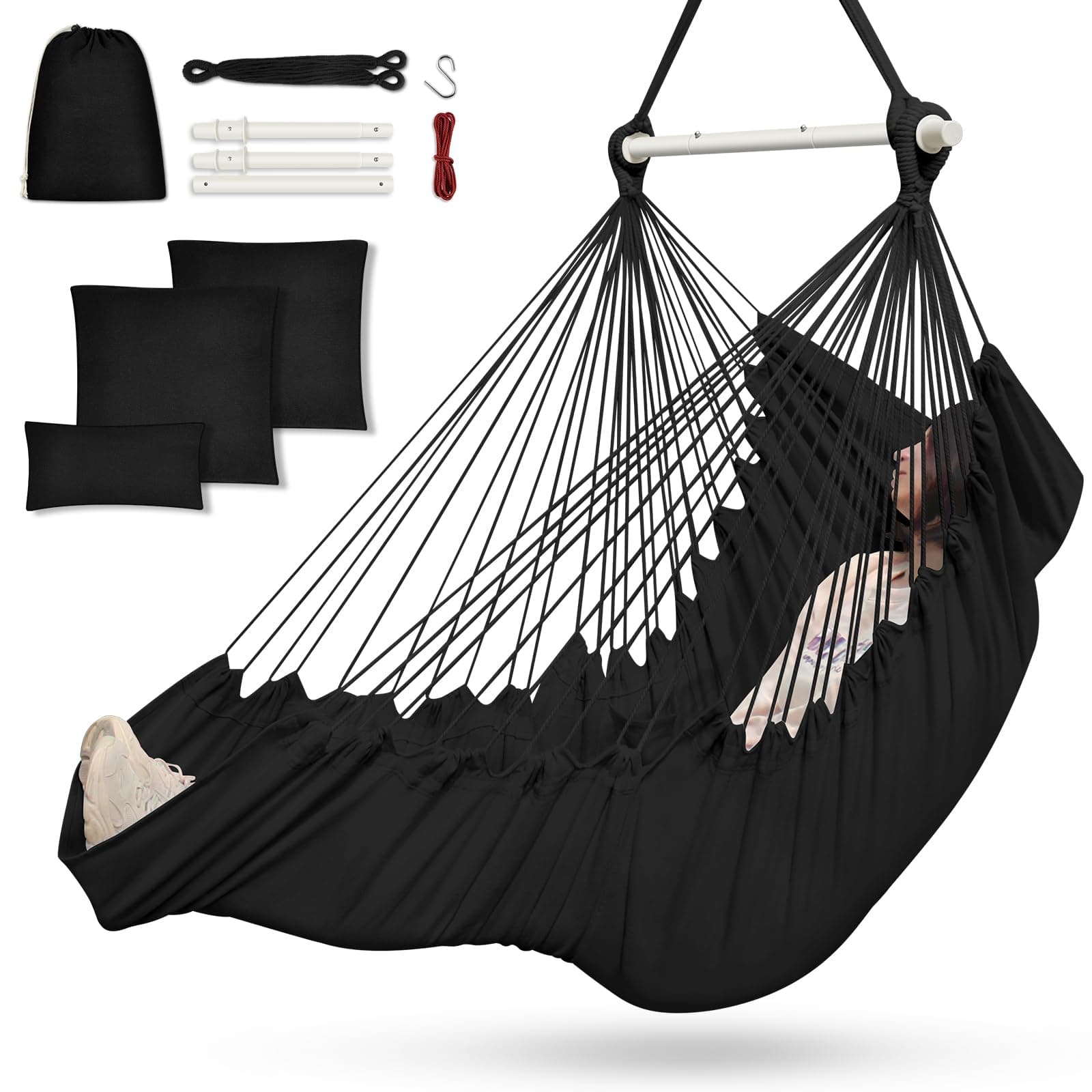 Outerman Hammock Chair, Hanging Chair with 3 Cushions and Foot Rest Support, Sturdy Metal Spreader Bar Max 500Lbs, Swing Chair for Bedroom, Indoor & Outdoor, Patio, Porch or Tree（Black）…