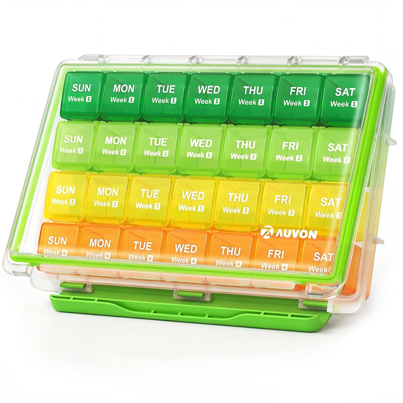 AUVON Moistureproof Monthly Pill Organizer, Travel-Friendly Weekly Pill Box with Removable 4 Weeks Pill Case Rows, Large 28 Days Pill Container for Fish Oils, Vitamins, Supplements and Medications