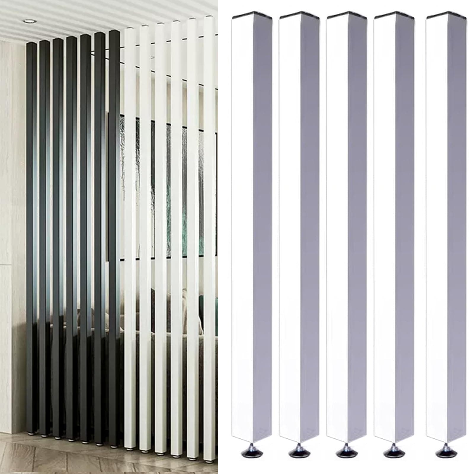Living Room Floor to Ceiling Wall Post Partitions Screens, Wood Slat Room Divider Column with Adjustable Feet, Office Dividers Pillars 28 36 48 60 70 80 Inches High(White 5 Pack,160cm/63in/5.24ft)