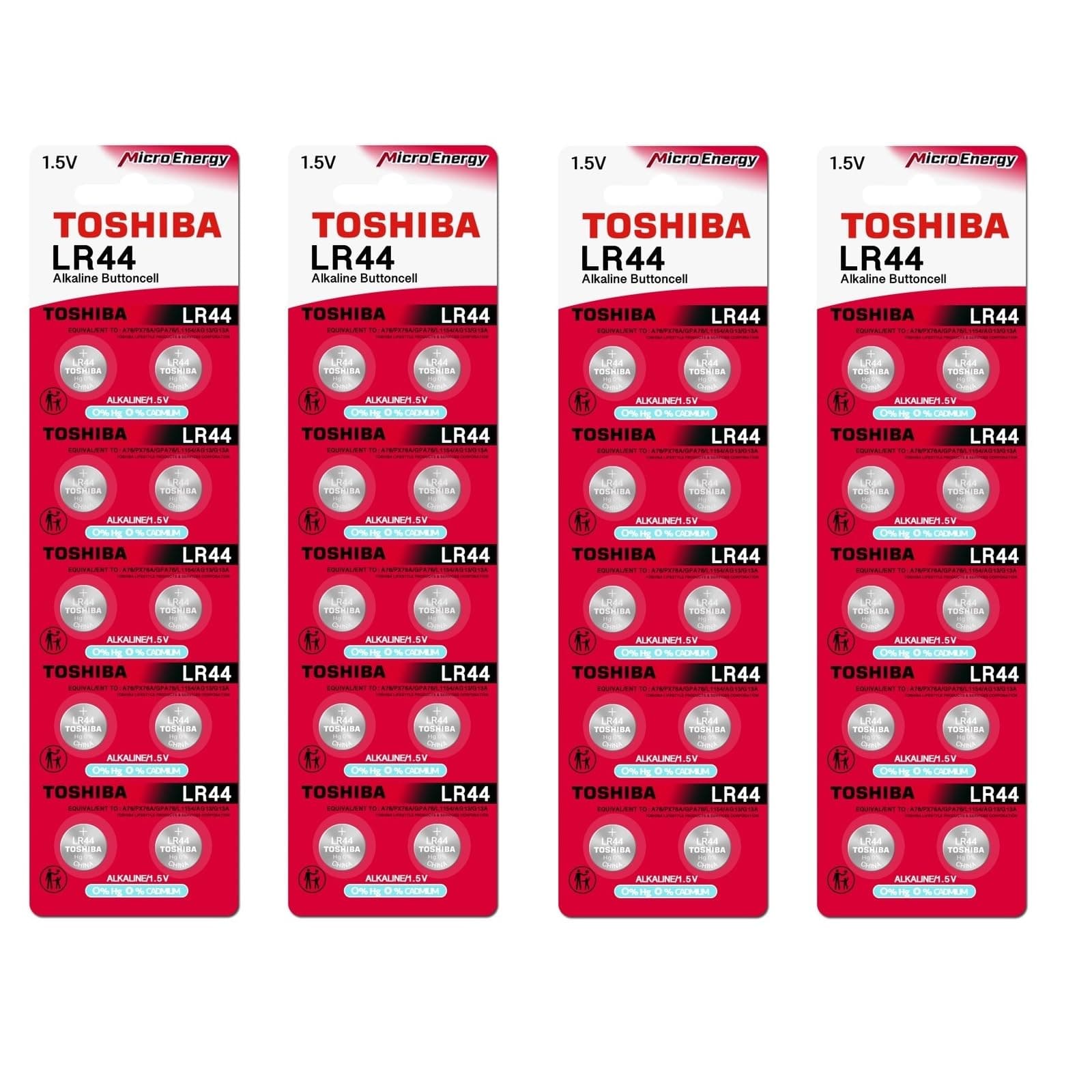 Toshiba LR44 AG13 Alkaline 1.5 Volt Batteries, 40 Cells