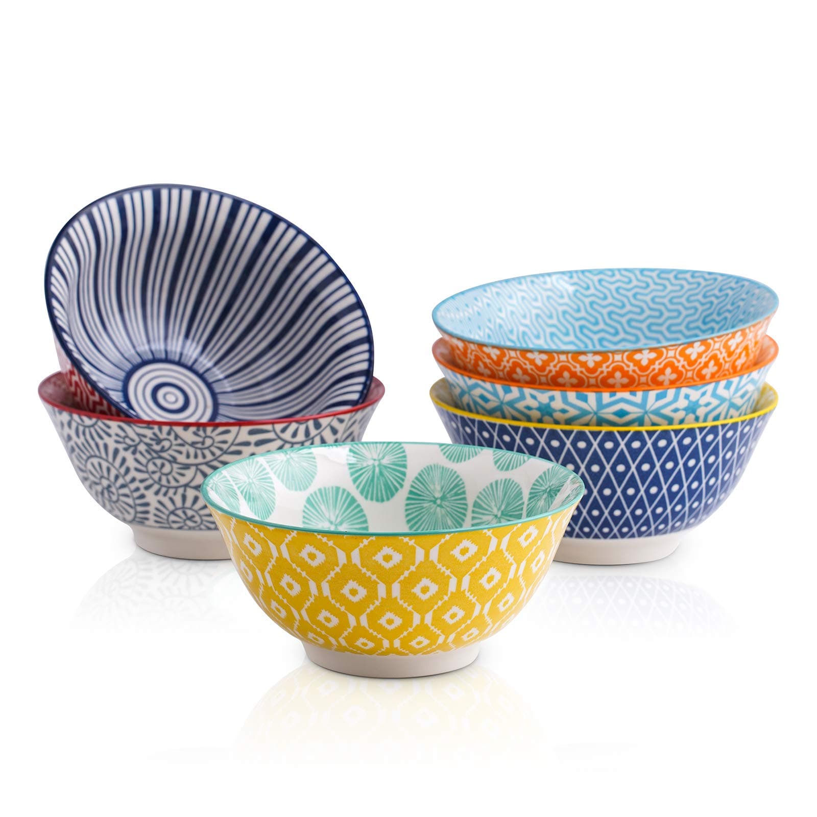 Porcelain 10oz Bowls Set - Set of 6, 5 inch ceramic bowls for Dessert, Ice Cream, Assorted Colors.