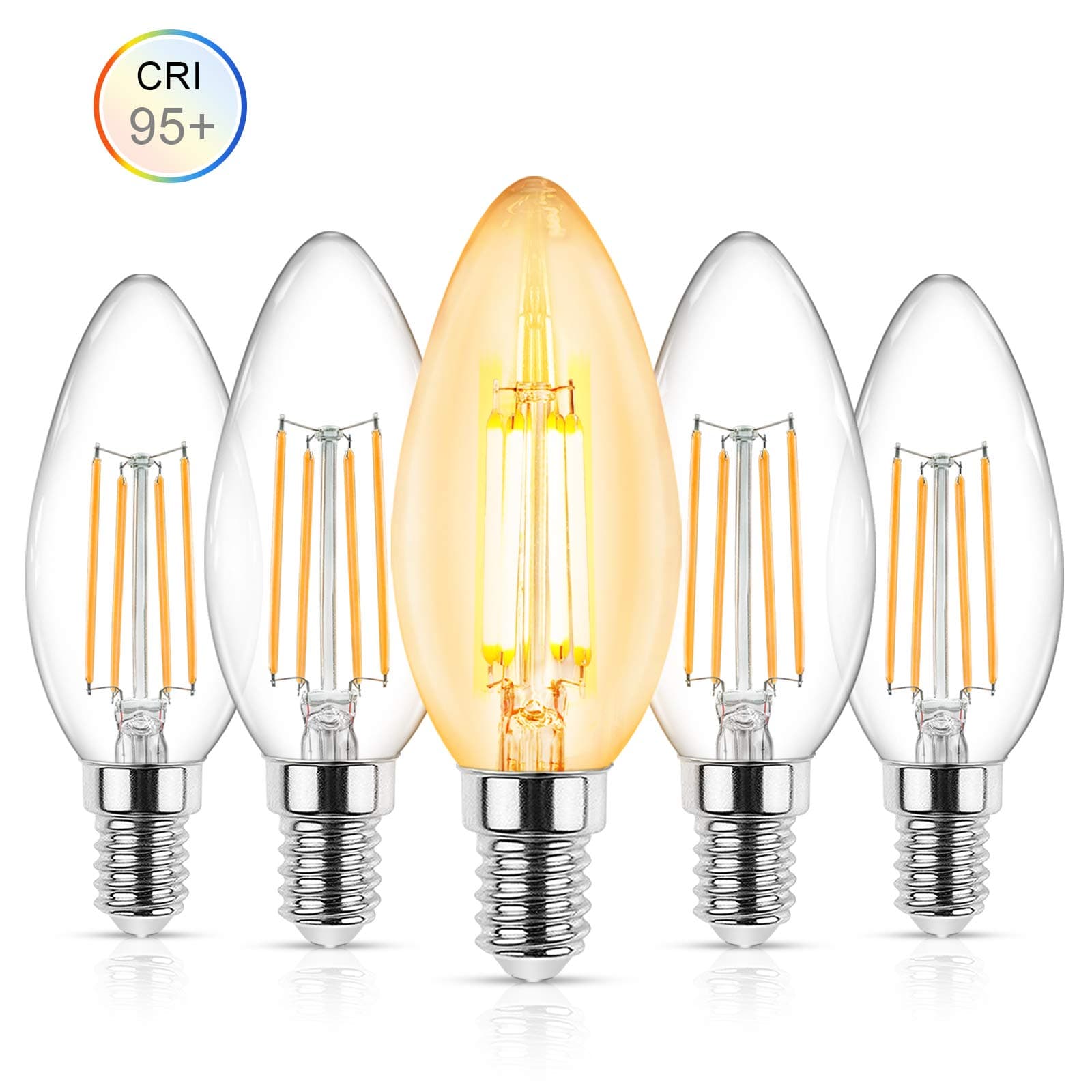 Reteck E14 LED Filament Candle Light Bulbs, 450LM, 95+CRI, 40W Incandescent Bulbs Equivalent, Warm White, Small Edison Screw Filament Candle Light Bulb, AC220-240V, Non-Dimmable, (Pack of 5) [Energy Class A+]