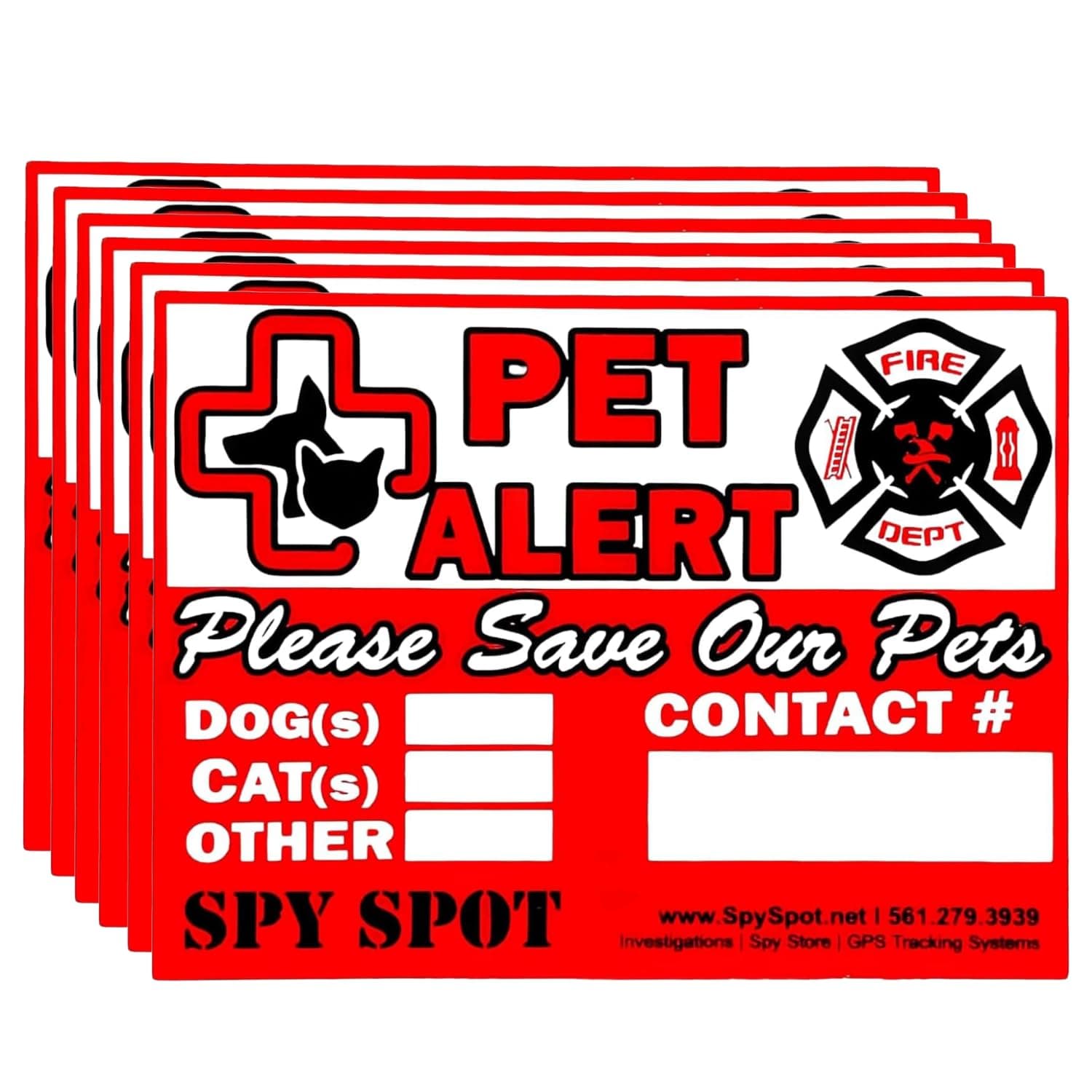 SpySpot 6 Pack Pet Alert Sticker, 4"x3" Emergency Rescue Alert Sign for Home, Window, Car, Door Fire Pet Safety Decal for Firefighters & EMTs, Weatherproof, UV Resistant, Peel & Stick