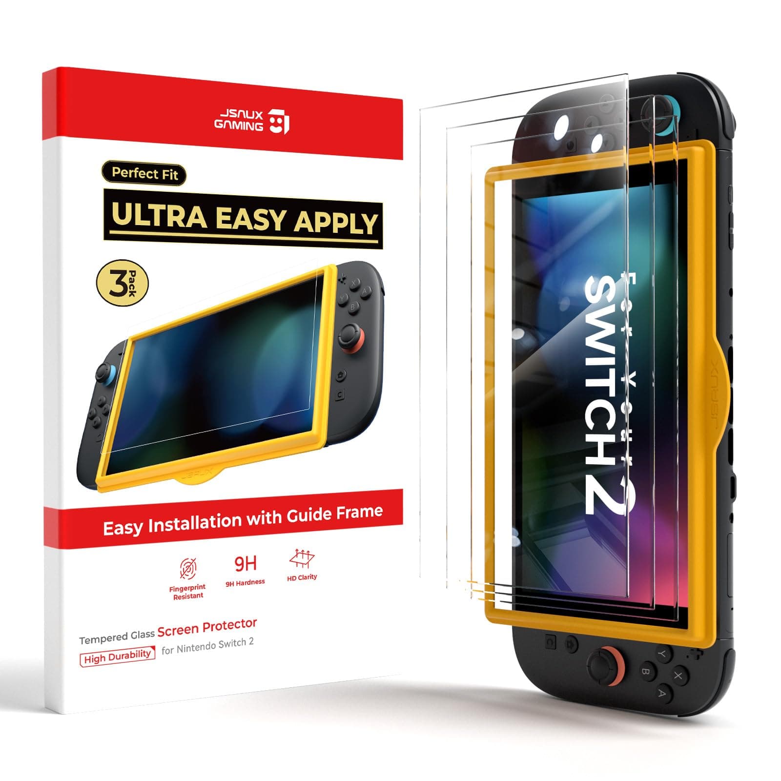 JSAUX 3-Pack Tempered Glass Screen Protector for Nintendo Switch 2 (2025), Easy to Install with Guiding Frame Ultra HD Glass Protector 9H Hardness Scratch Resistant Accessories for Switch2
