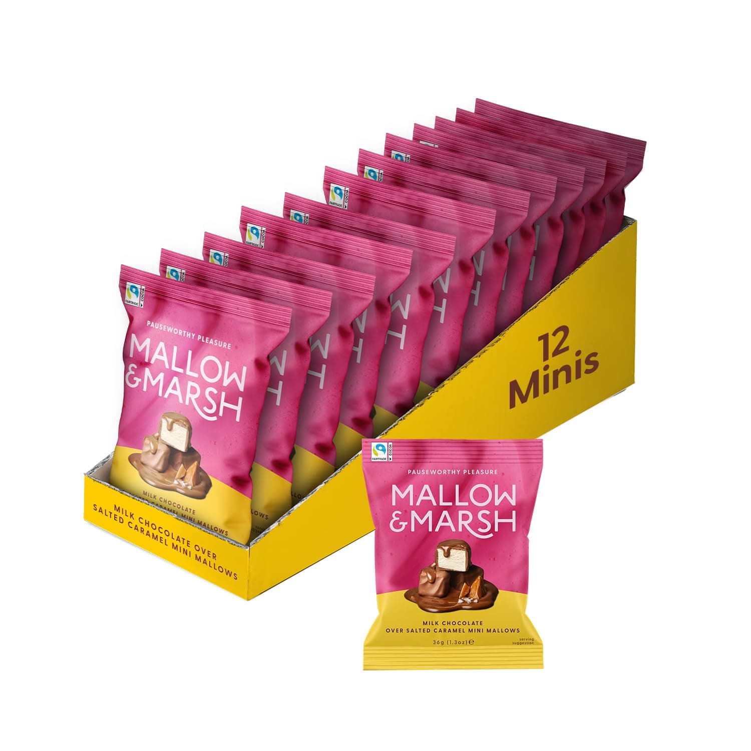 Mallow & Marsh Milk Chocolate over Salted Caramel Mini Mallows – Multipack 12 x 36g