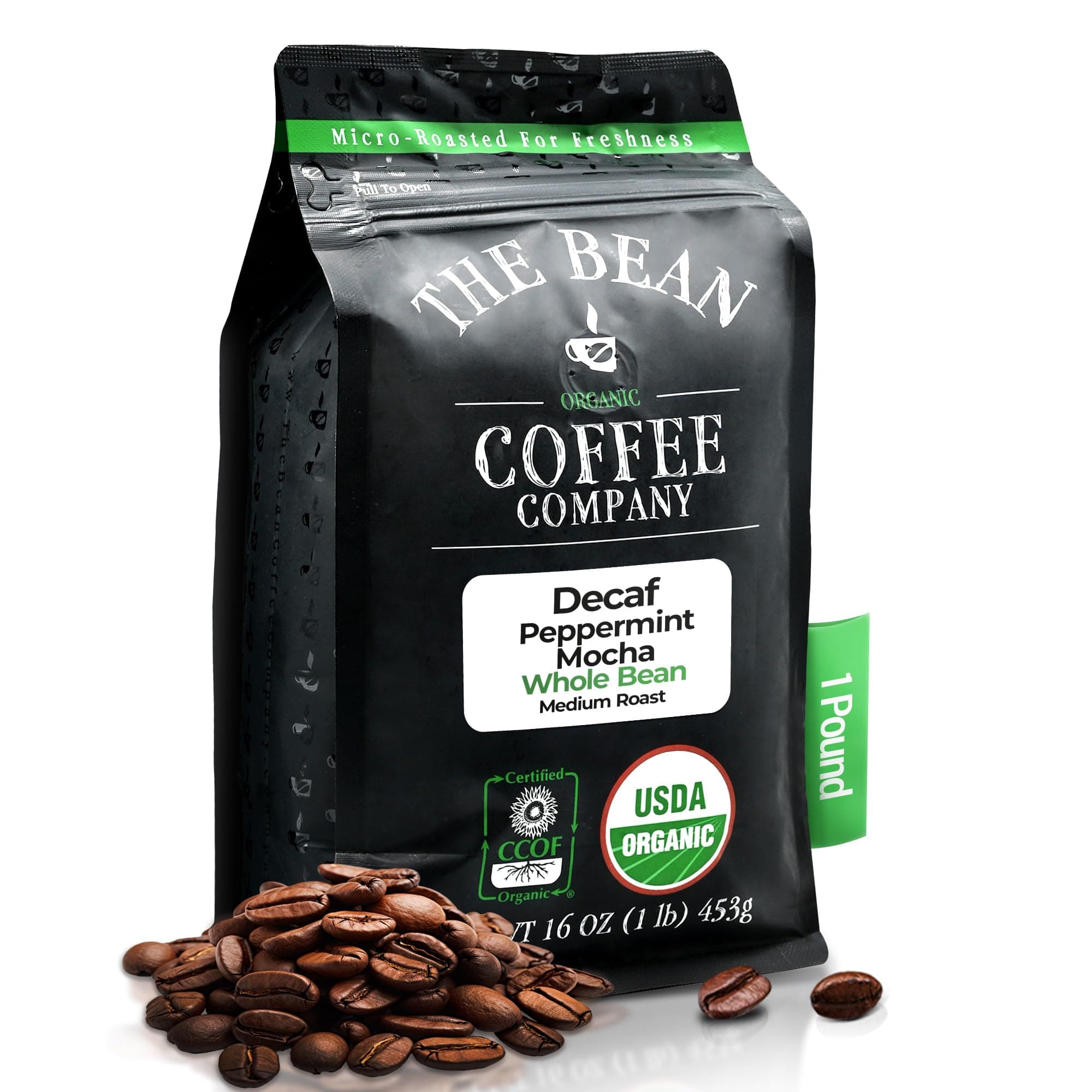 The Bean Organic Coffee Company Water Processed DECAF Peppermint Mocha, Medium Roast, Whole Bean Coffee, 16-Ounce Bag