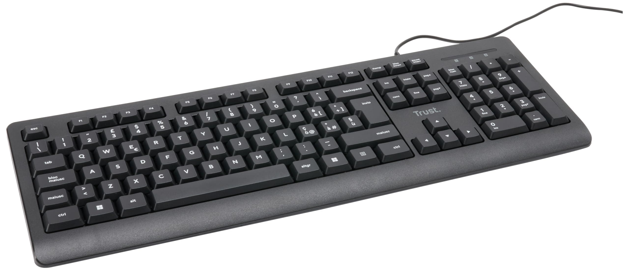 Trust Taro USB Wired Keyboard, Italian Layout QWERTY for PC/Laptop/Notebook, Mac/Windows, ‎Silent Keys, 1.8 Meters Cable, Splash Resistant, Ergonomic, Black