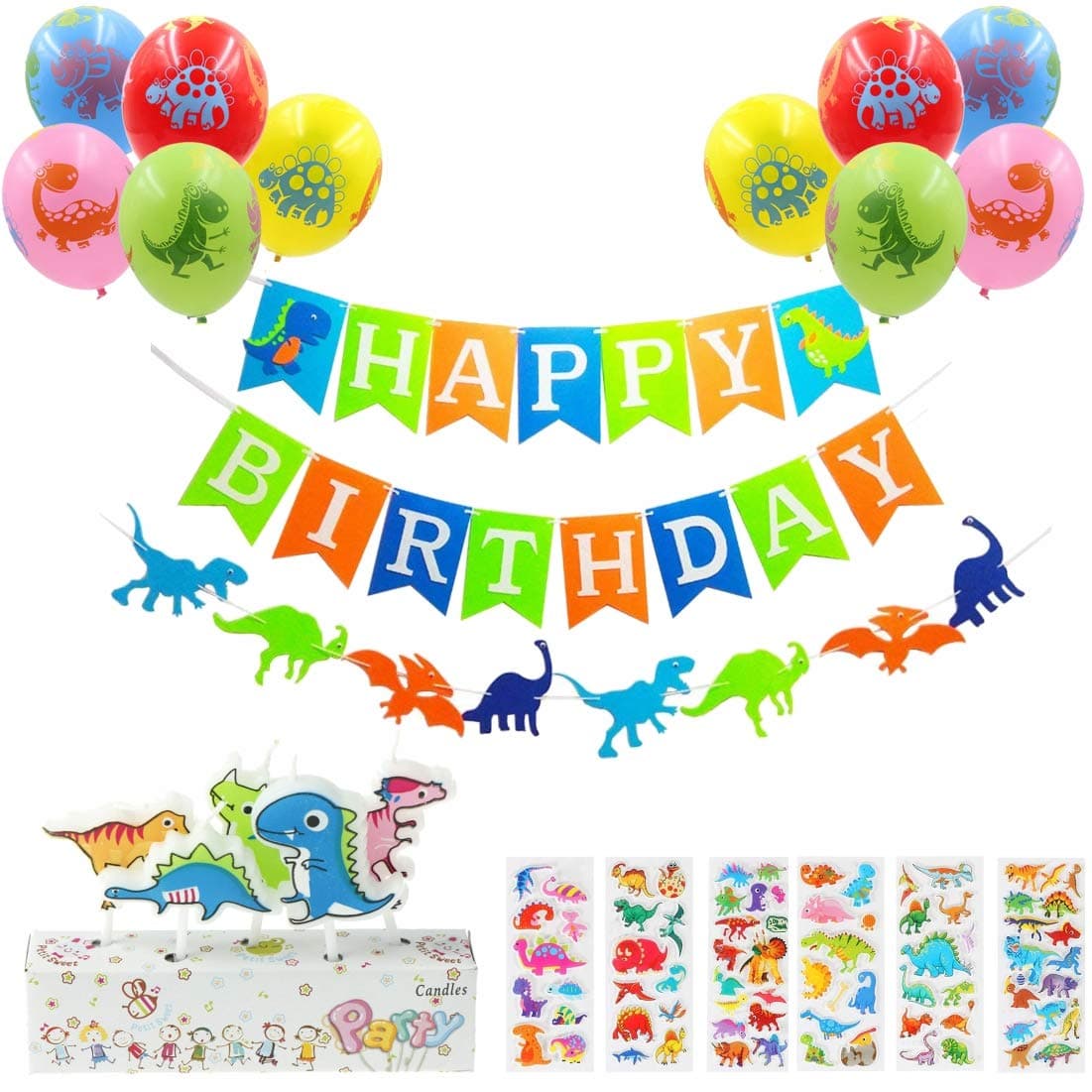 Dinosaur Birthday Party Decoration Kit:1 Dinosaur Happy Birthday Banner, 1 Dino garland, 5 Candles, 10 Balloons, 6 Dinosaur Stickers--Party Supplies Favors For Baby Shower Boys Girls First Birthday