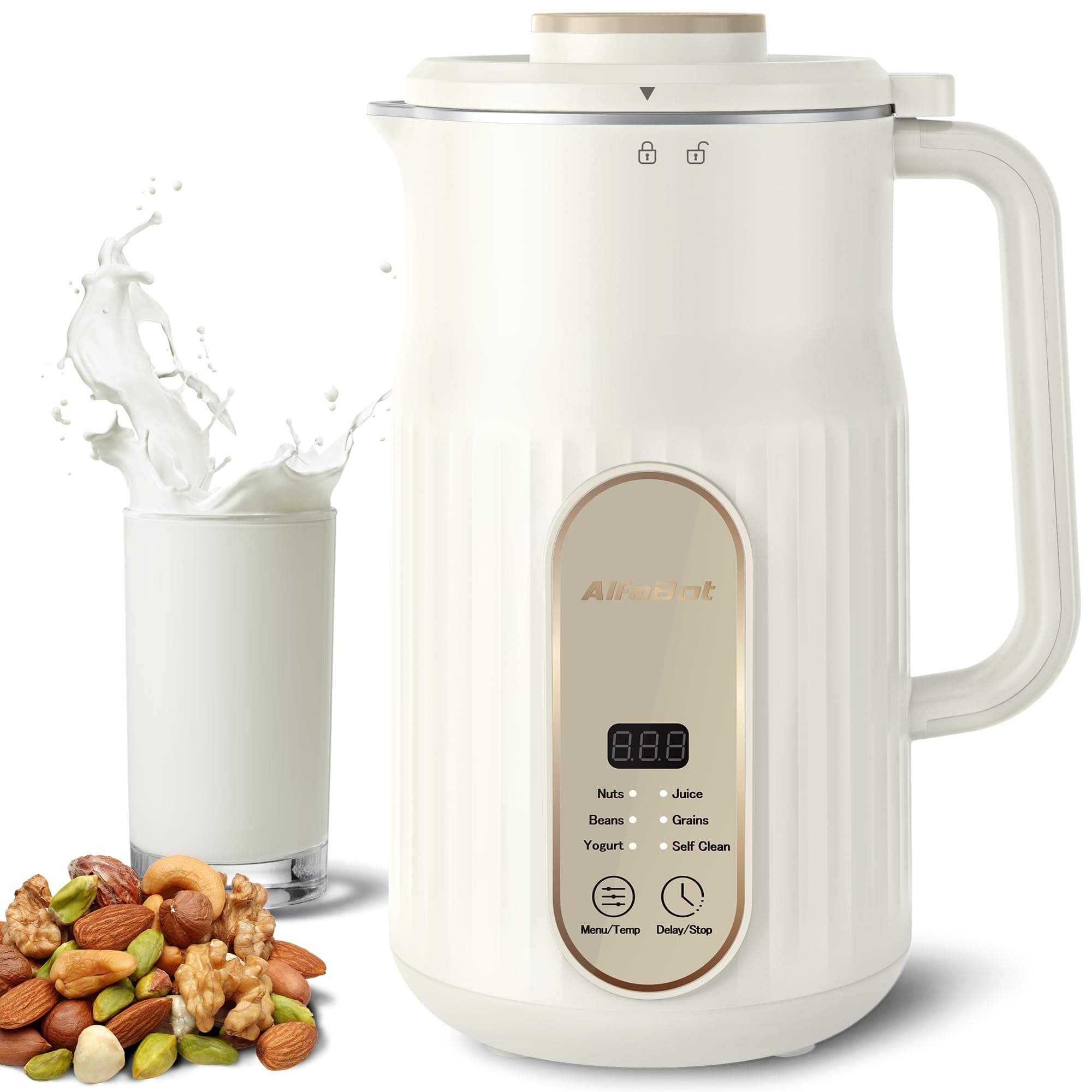 Nut Milk Maker, AlfaBot N2 Automatic Almond Milk Machine for Homemade Plant-Based Milk, Oat, Soy, Yogurt and Dairy Free Beverages, 35 OZ Soy Milk Maker with Delay Setting and Self Cleaning