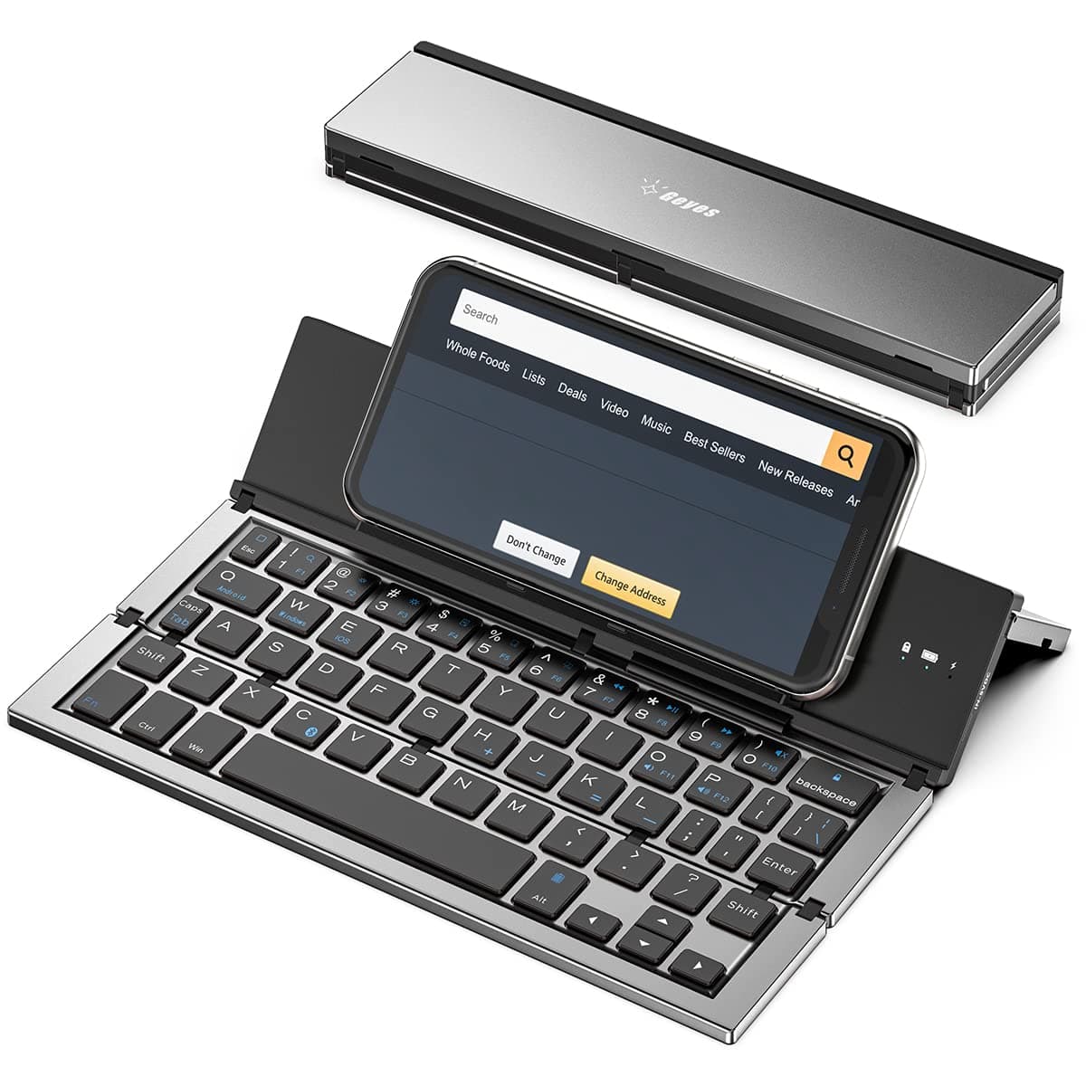 Foldable Bluetooth Keyboard with Stand Holder, Rechargeable Full Size Ultra Slim Folding Keyboard Compatible iOS Android Windows Smartphone Tablet and Laptop (Gray)