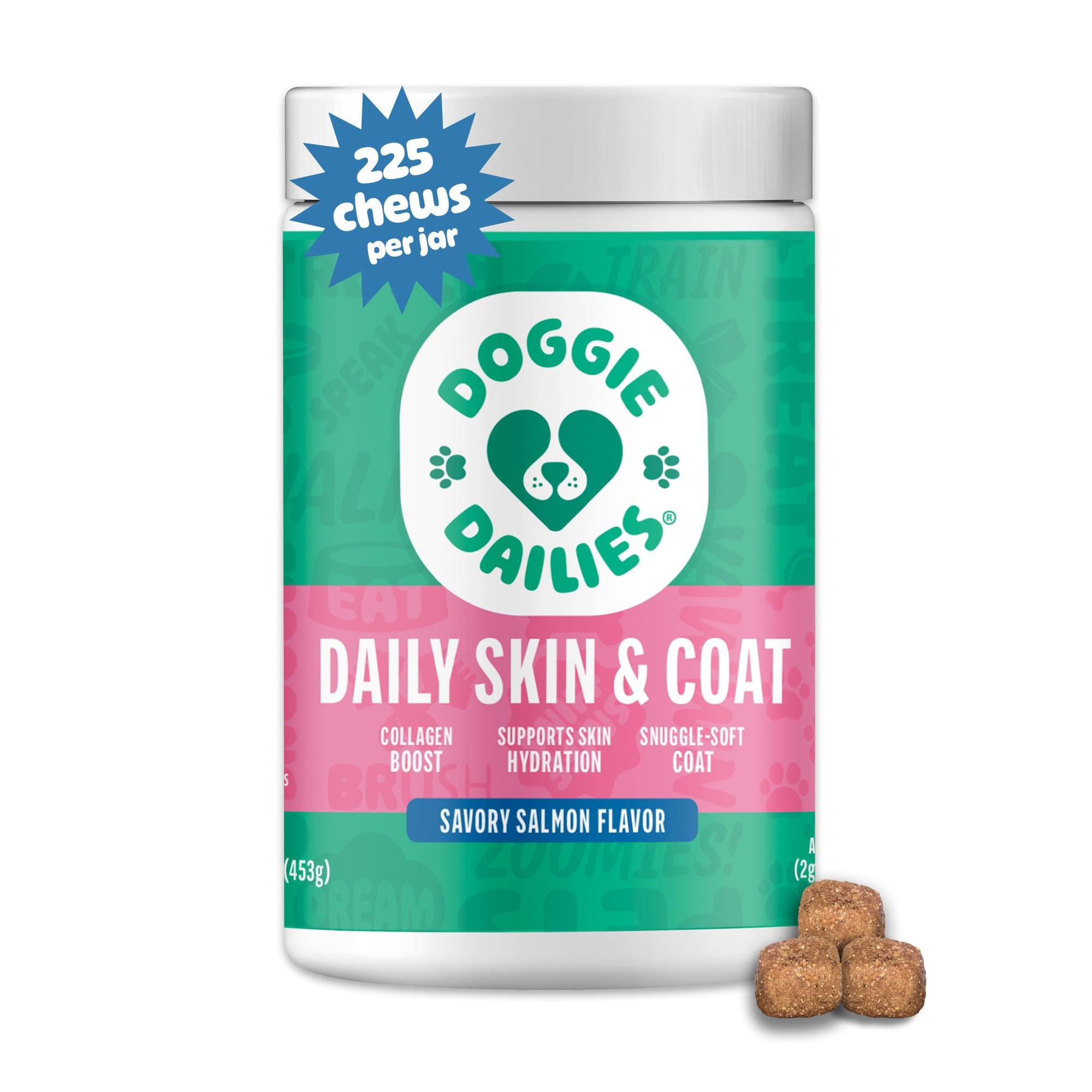 Doggie Dailies Skin & Coat Supplement Support, Salmon Oil for Dogs Skin and Coat with Collagen, Omega 3, Krill Oil, Biotin, & Coconut Oil for Dogs (Salmon) 225 Soft Chews
