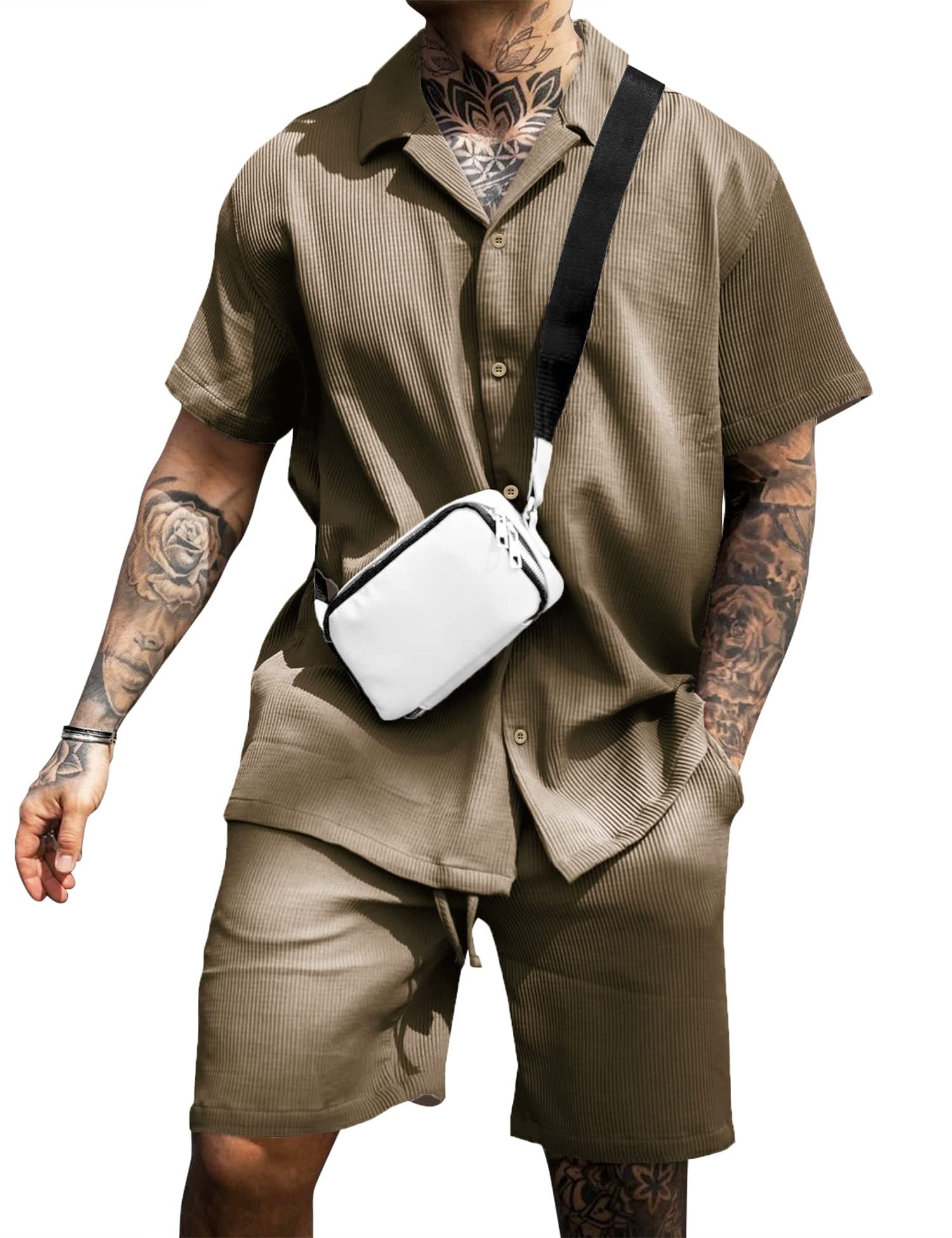 AstoSeu Men's Shirt and Shorts Set Short Sleeve Casual Button Down Summer Outfits