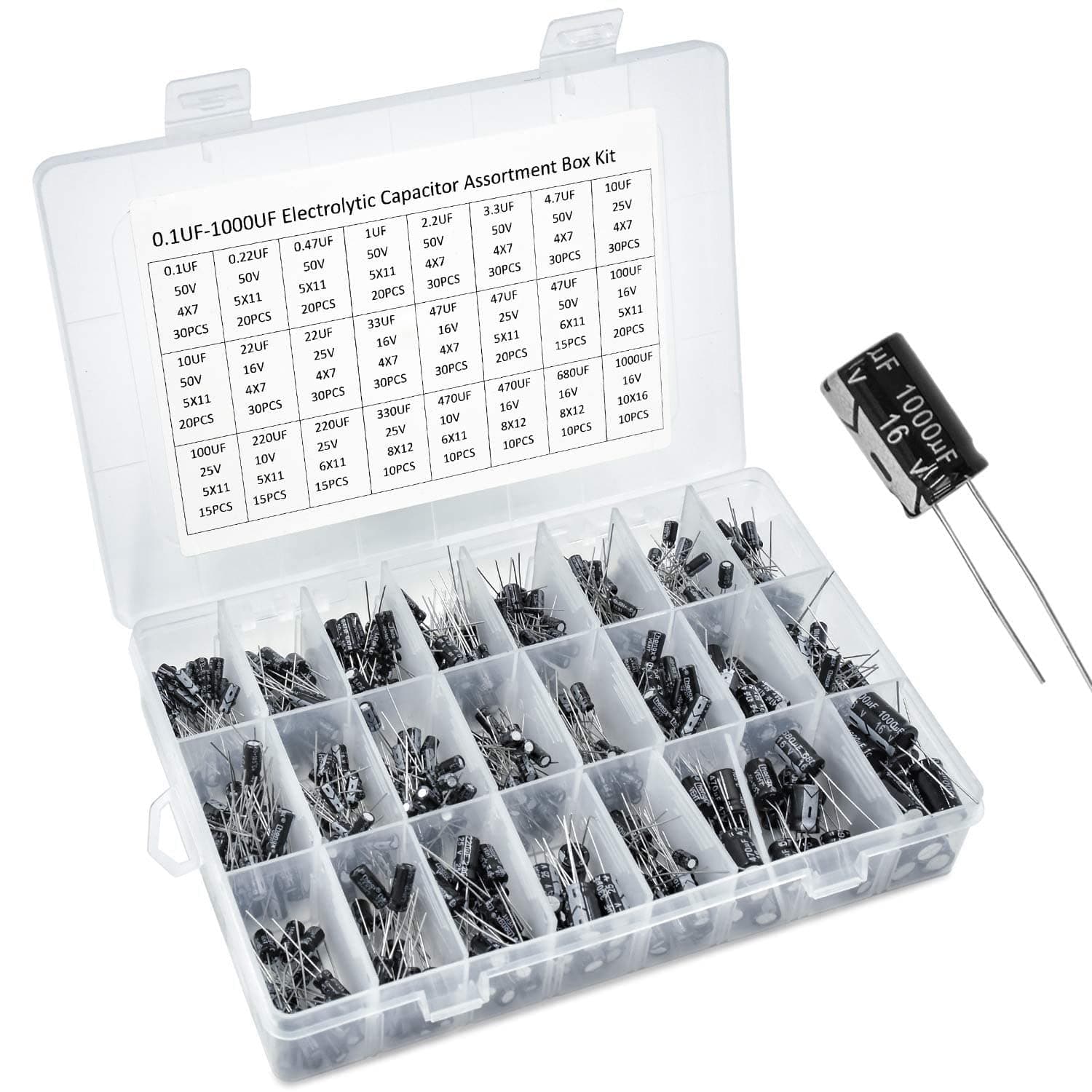 Wandefol 500pcs 24 Values Electrolytic Capacitor, 0.1uF-1000uF Electrolytic Capacitors Assortment Kit, Box Capacitor Kit