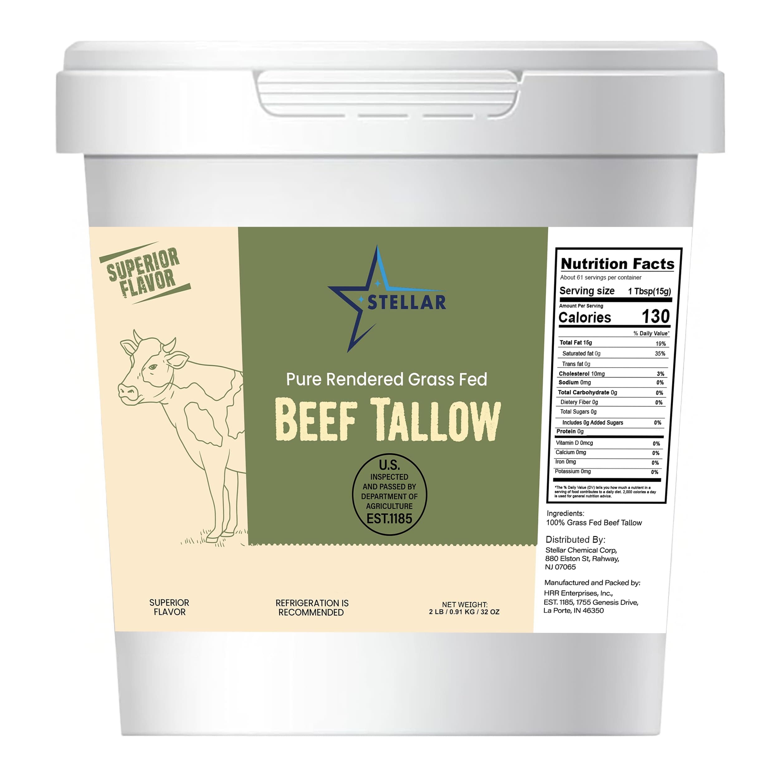 Stellar - Beef Tallow - 100% Grass-Fed & Finished - Good for Cooking, Baking and Frying - Food Grade - 2 LBS