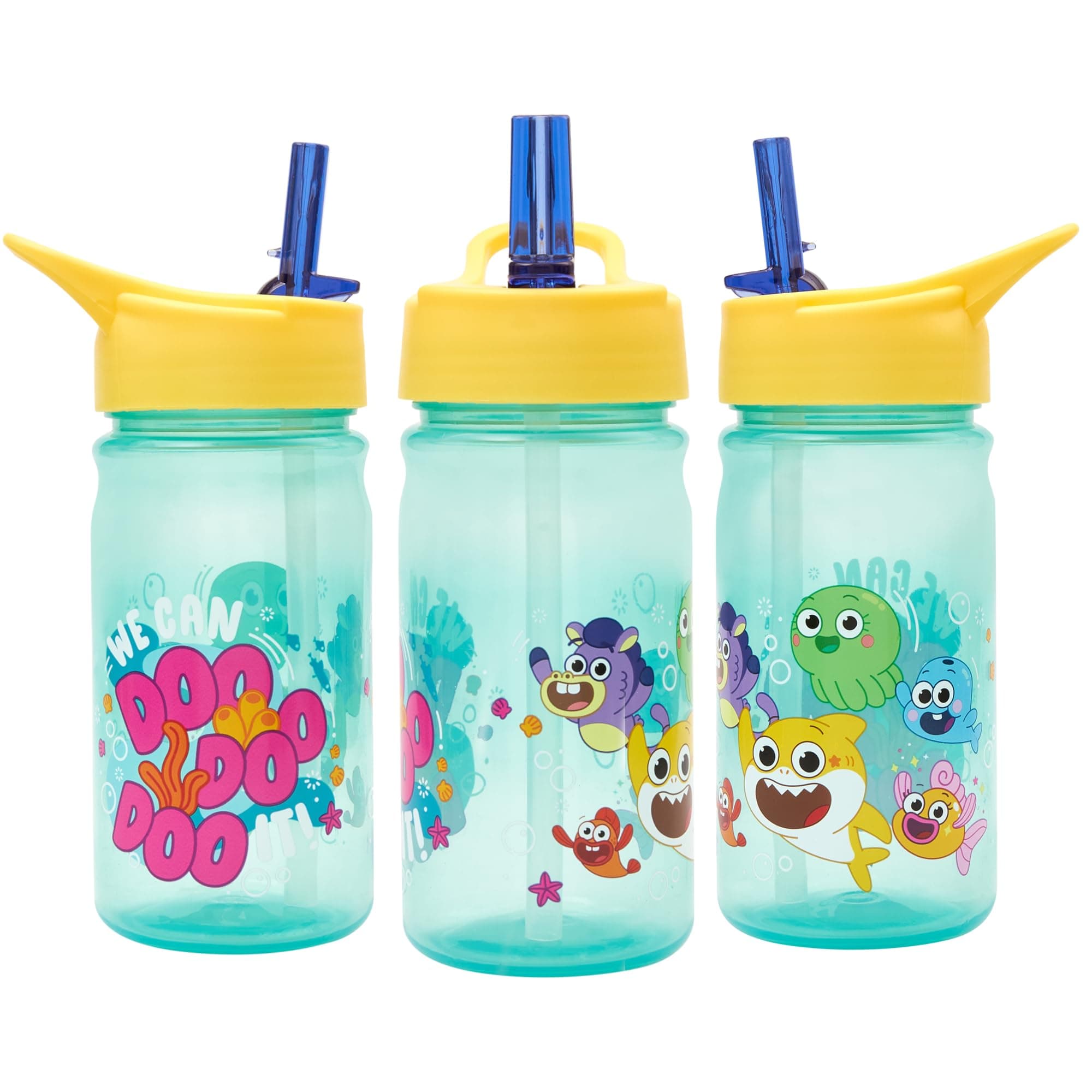 Baby Shark Big Show Water Bottle - Flip up Straw 380ml, Official Merchandise by Polar Gear, Kids Reusable Non Spill BPA Free Recyclable Plastic, For School Nursery Sports Picnic, Green & Yellow