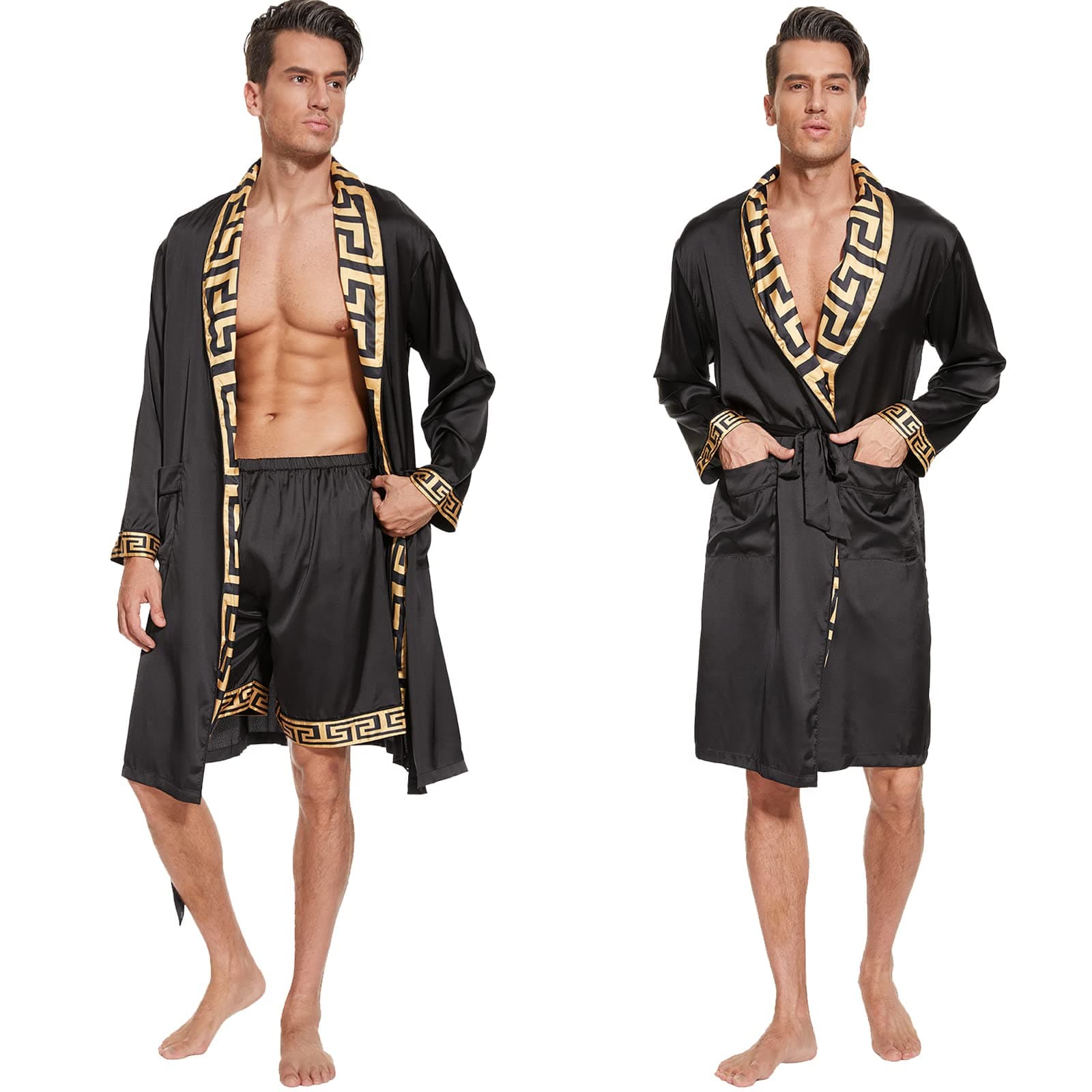 N&D Eyong Men's Luxurious Silk Feeling Bathrobes Long Sleeve Satin Kimono Robe with Shorts Sleepwear Set Printed Bathrobes…