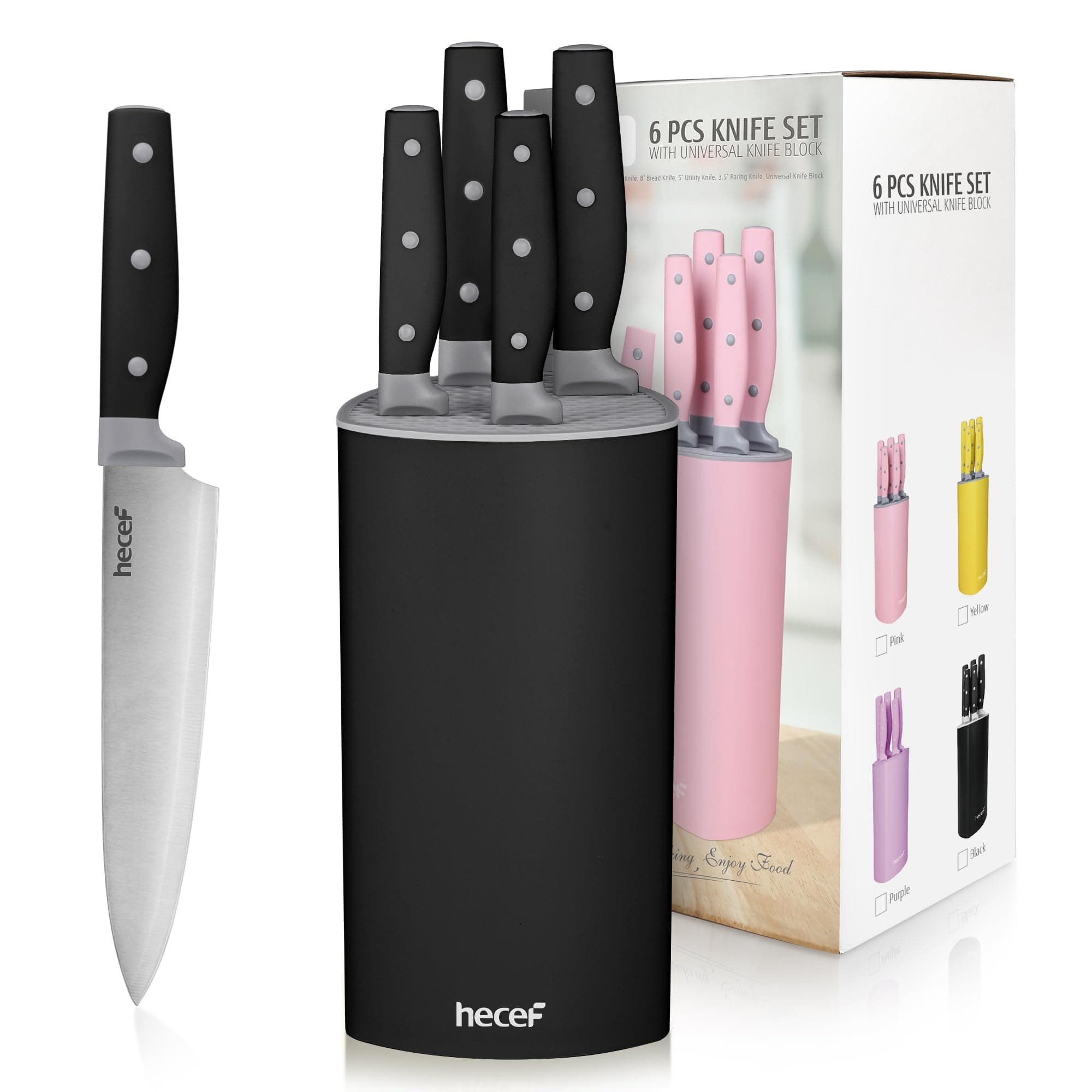 hecef Knife Set, 6 Pieces Kitchen Knives with Universal Knife Block, Stainless Steel Blade with Triple-rivets Handle, Kitchen Knife Set with Block for Home and Kitchen, Black