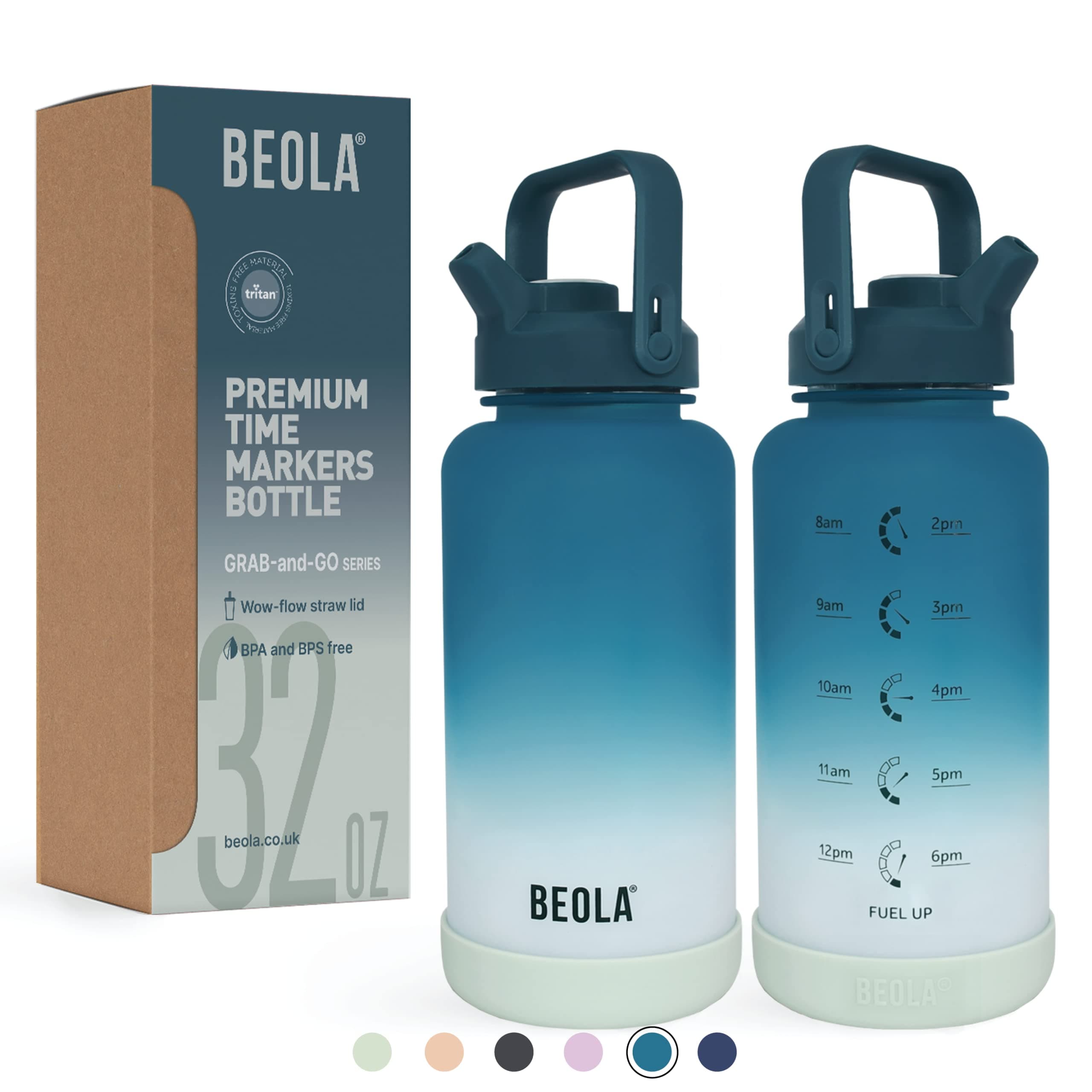 BEOLA 1000ml, 750ml, Motivational Water Bottle with Time Markers and Straw Lid, Tritan Plastic, BPA BPS FREE Leak Proof and Drop Resistant Office Bottles, 32oz, 25oz (Ocean Blue, 1000ml)
