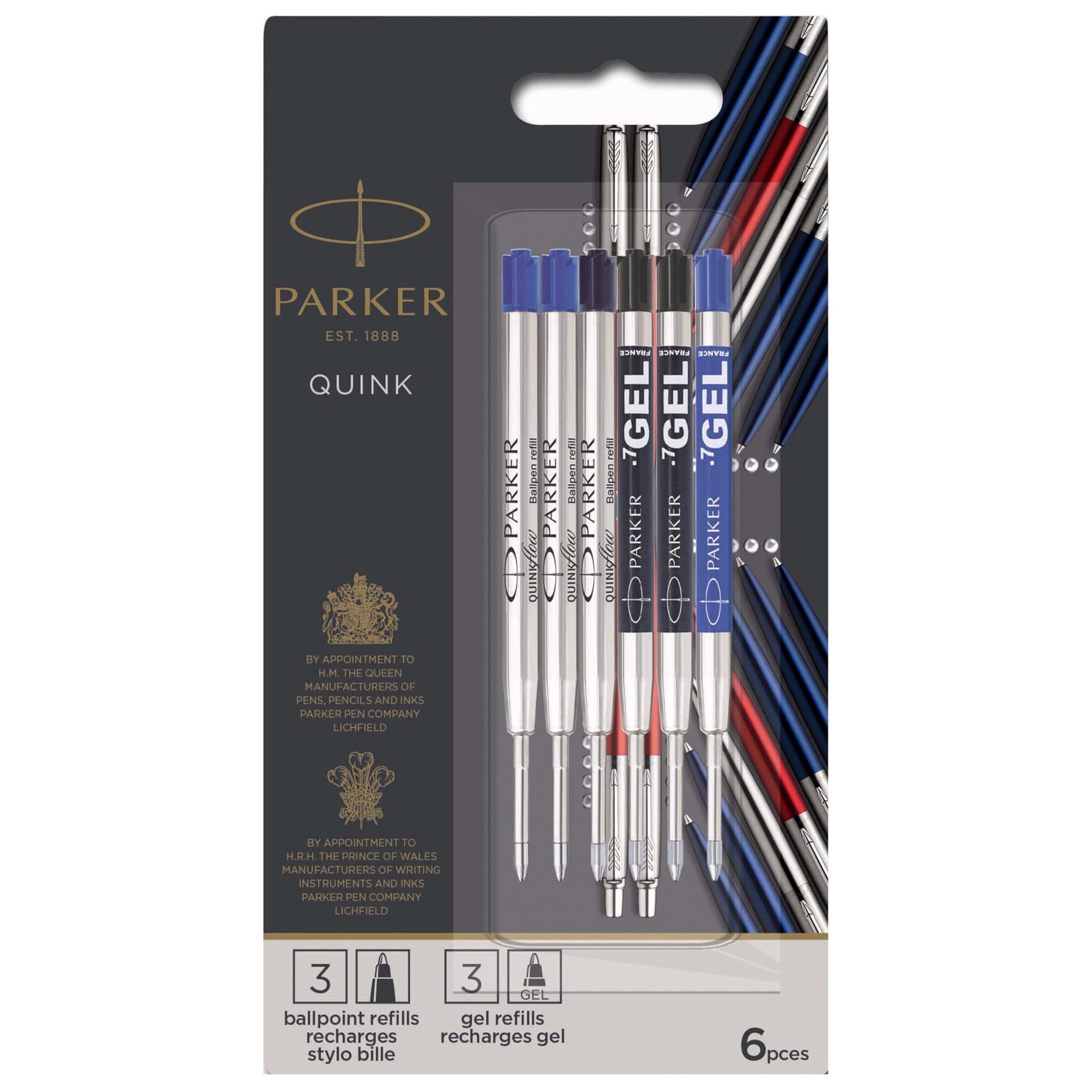 Parker Ballpoint & Gel Refills, Blue & Black, 6 Count