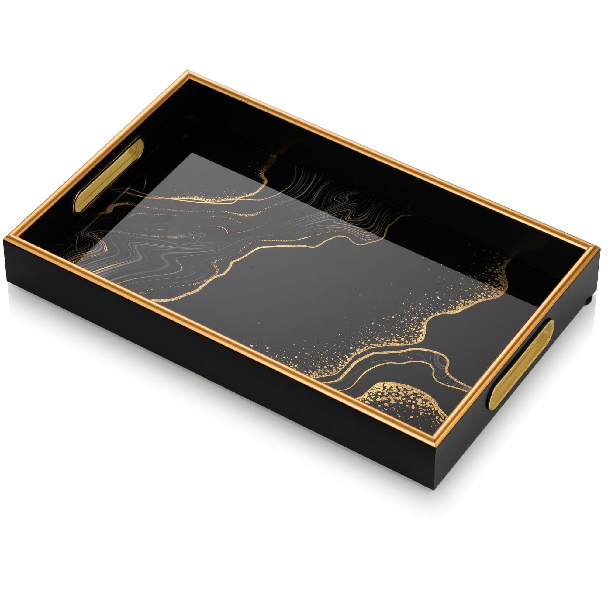 Hanobe Decorative Serving Tray Black: Coffee Table Tray with Handles for Ottoman Home Decor Modern Gold Rim Glass Drink Trays for Kitchen Counter Decanter Bar, Easy to Clean