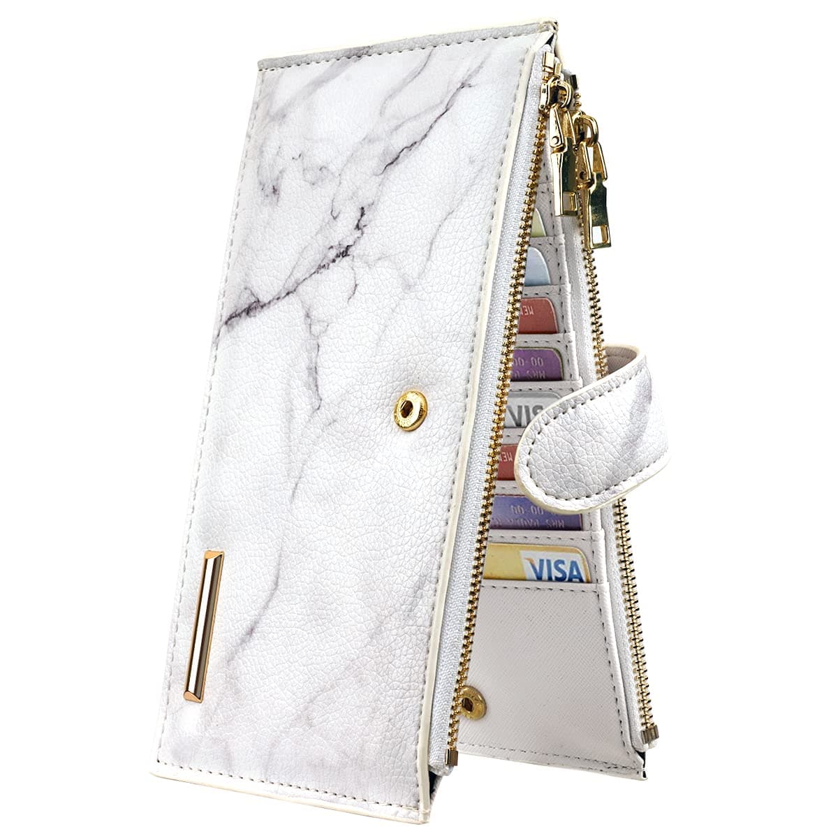 Womens RFID Blocking Large Capacity Wallet Multi Card Organizer Bifold Wallet for Women with Zipper Pocket, White Marble, Large, Casual