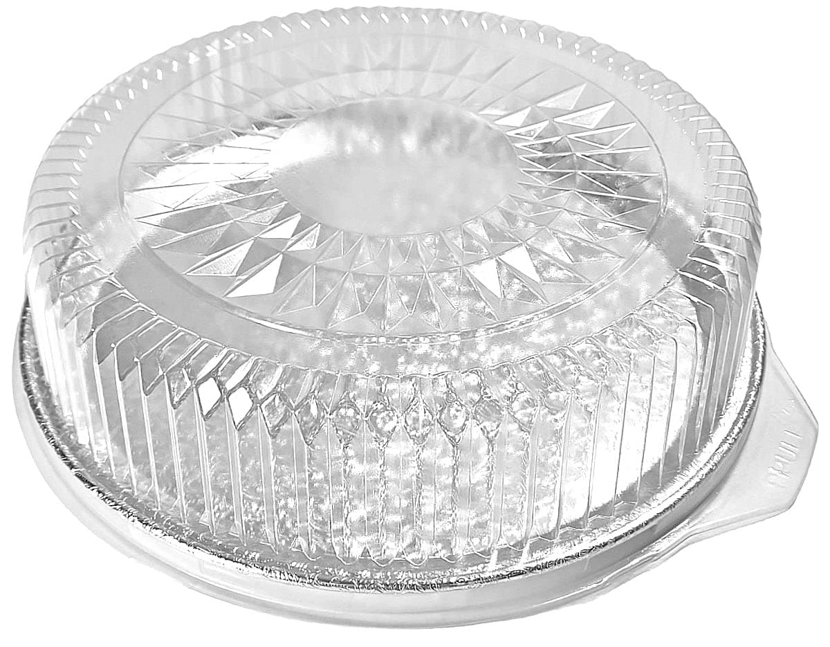 PACTOGO 12" Round Flat Aluminum Foil Cater Trays with Clear Dome Lids - Disposable Stackable Serving Platters for Parties, Holidays, Events, and Buffet (Pack of 5 Sets)