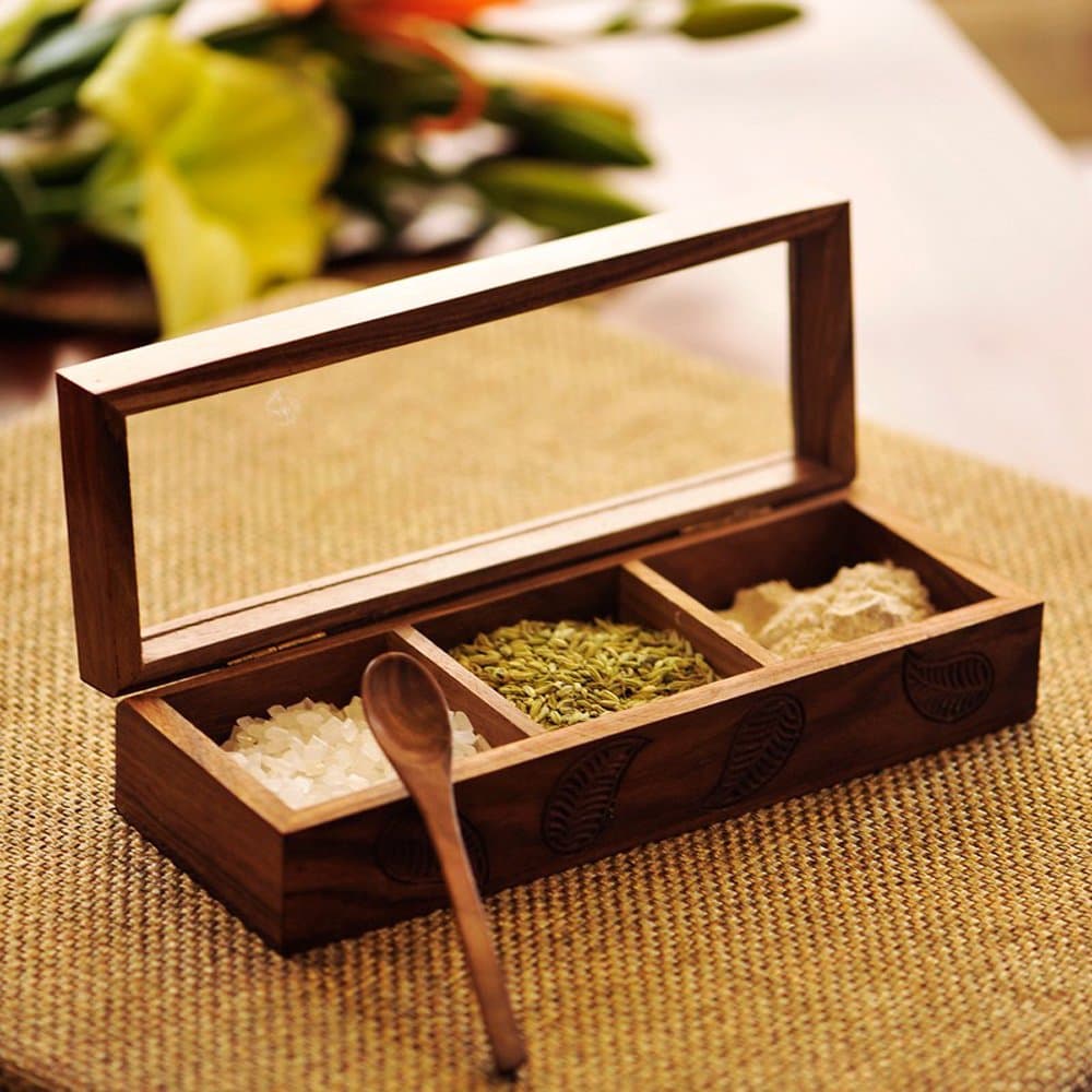 ExclusiveLane Wooden Hand Engraved Multi-Utility Cum Spice Box with Spoon in Sheesham Wood - Spice Rack Spice Holders Masala Container
