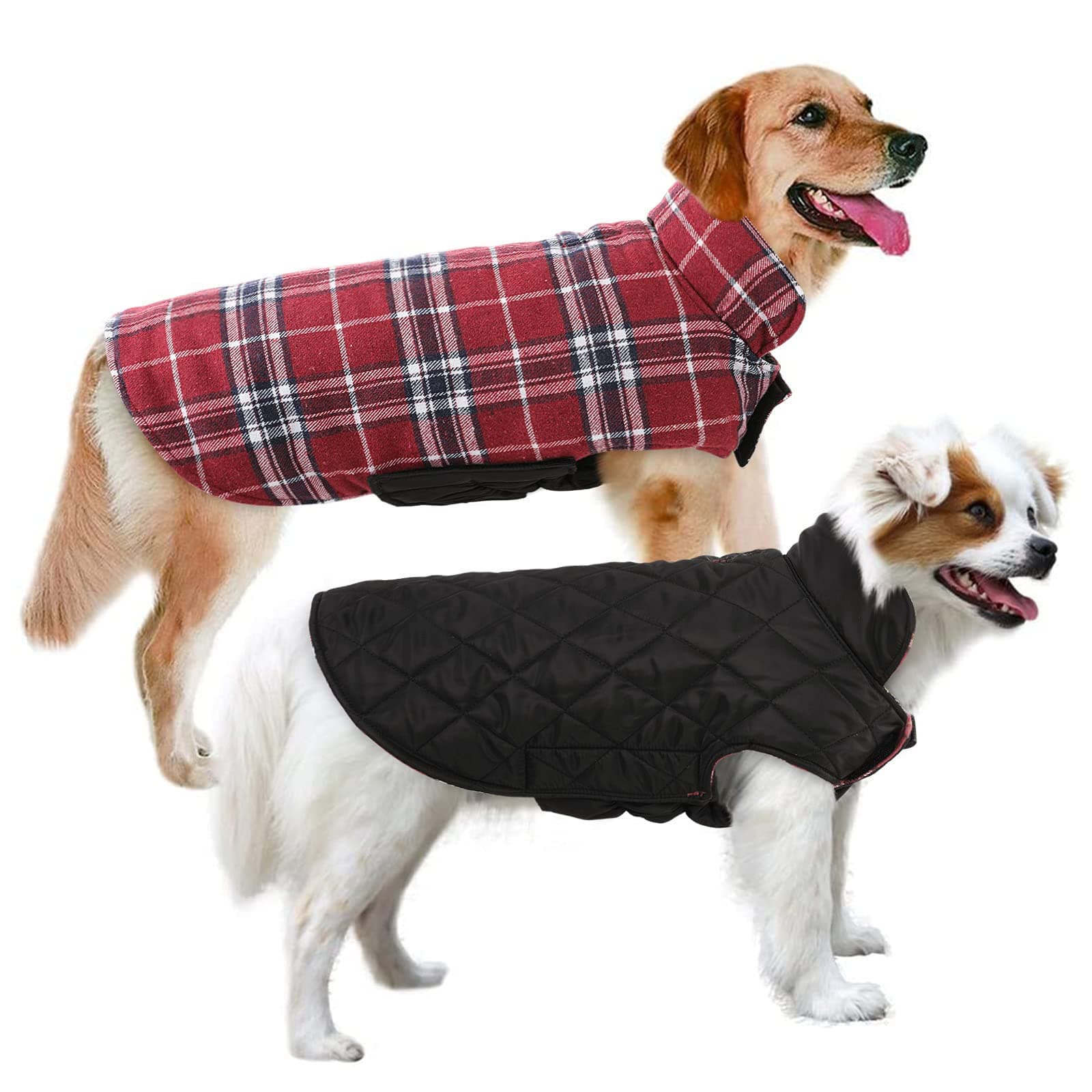 MIGOHI Dog Jackets for Winter, Windproof Waterproof Reversible Dog Coat for Cold Weather, British Style Plaid Warm Dogs Vest for Small Medium Large Dogs, Red, XL