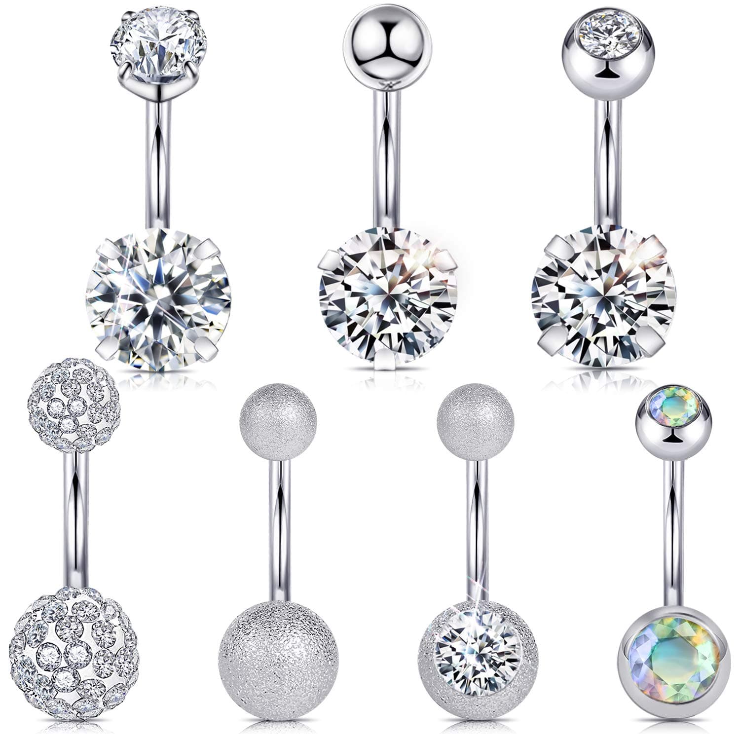 14G Hypoallergenic Surgical Steel Belly Button Ring Cubic Zirconia Belly Button Barbs Body Piercing Set 7Pcs