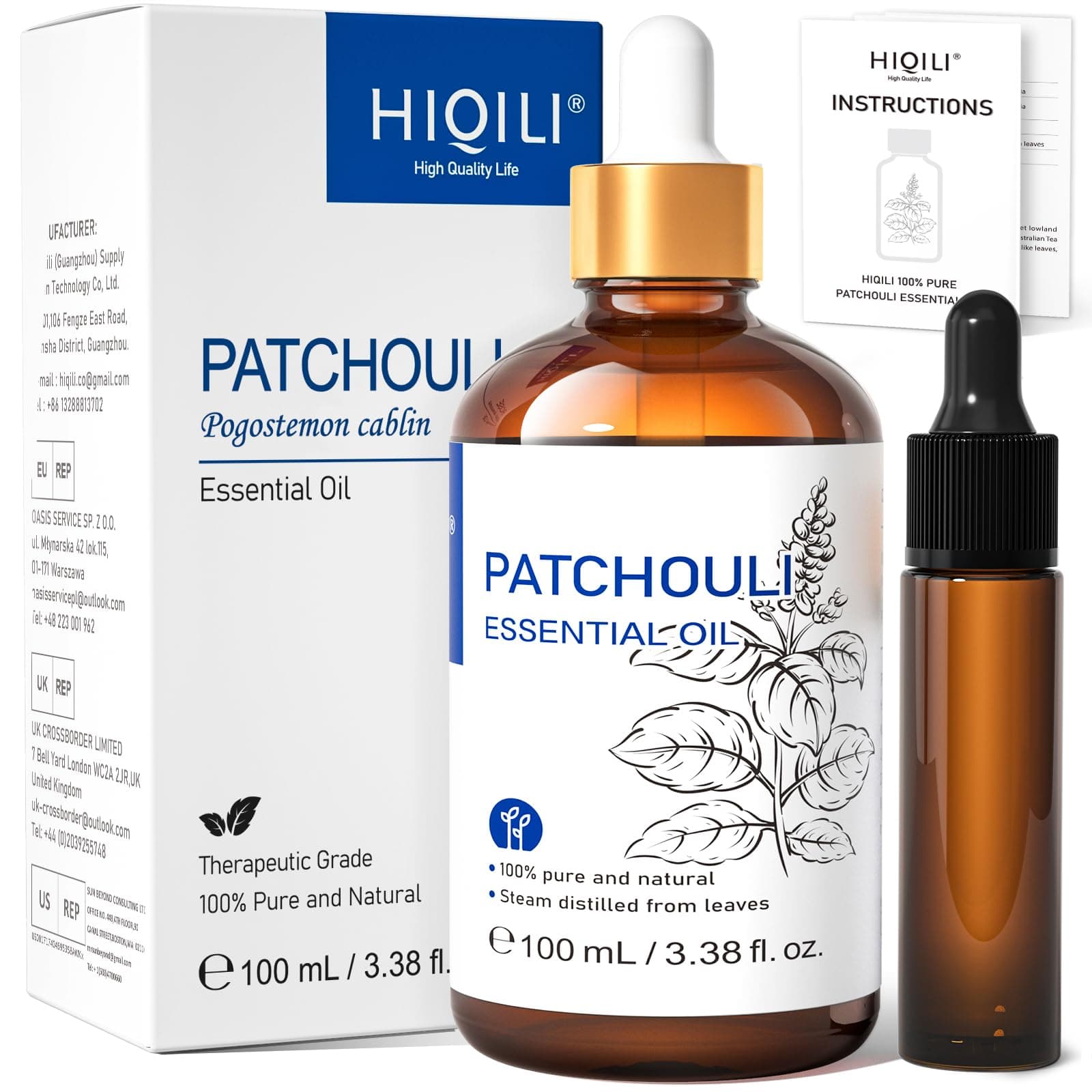 HIQILI Patchouli Essential Oil, Pure Natural and, for Perfume Making, Diffuser and Skin - 3.38 Fl Oz