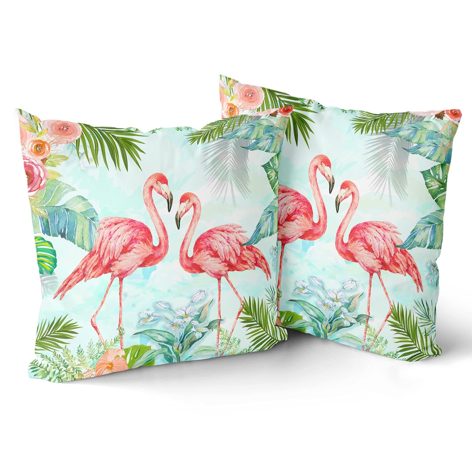 Flamingos Throw Pillow Cover Set of 2, Tropical Leaves Flowers Bird Pillowcase Soft Cotton Home Decorative Pillow cases 18 X 18 Inch Double Sided Cushion Covers for Indoor Outdoor Bedroom and Car