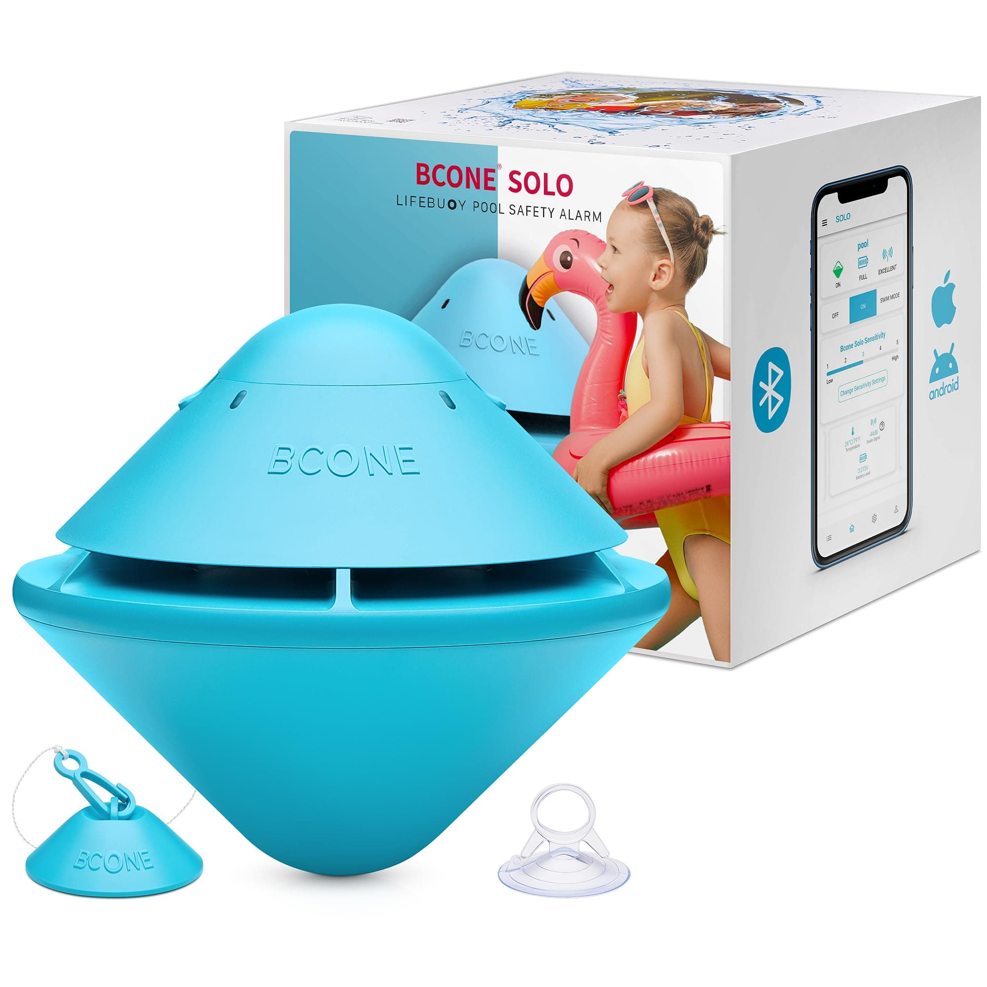 Lifebuoy Solo Pool Alarm, Smart Pool Alarm with Bluetooth App for Above Ground and Inground Pools, 110dB Loud Siren, IP68 Waterproof, Install in Seconds.