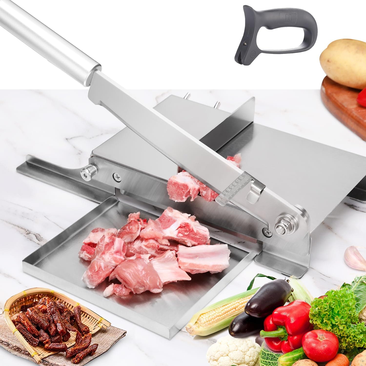 Moongiantgo Biltong Slicer Manual Meat Cutter with Scale - Stainless Steel Cutting Machine Hand Herb Root Slicer for Salami, Ham, Bacon, Vegetables, Deli, Ginseng, Fish (KD0270)
