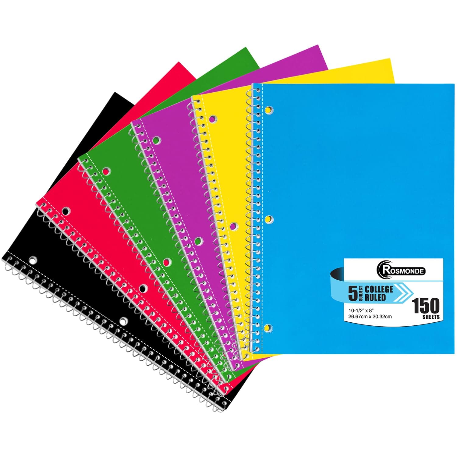 Rosmonde 5 Subject Notebook College Ruled, 6 Value Pack, 300 Pages (150 Sheets), 8 x 10-1/2", 5 Subject College Ruled Spiral Notebooks for School & Office, Thick Paper Fights Ink Bleed, 3 Hole Punched