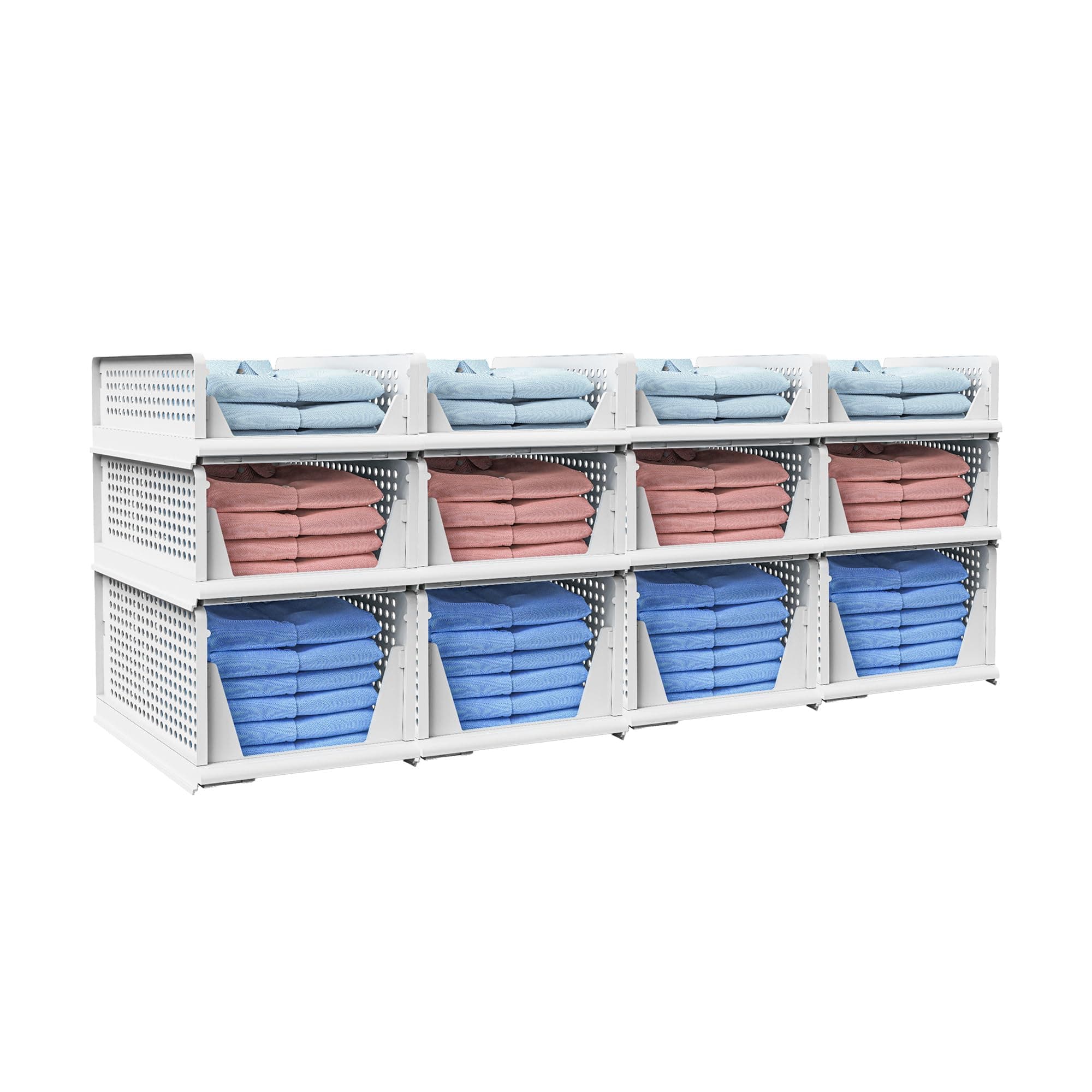 12 PACK (3 Sizes) Stackable Sliding Storage Shelf Rack Set - Foldable & Collasible Organizer Basket for Wardrobe & Closet Organization Drawer in Bedroom Kitchen Office