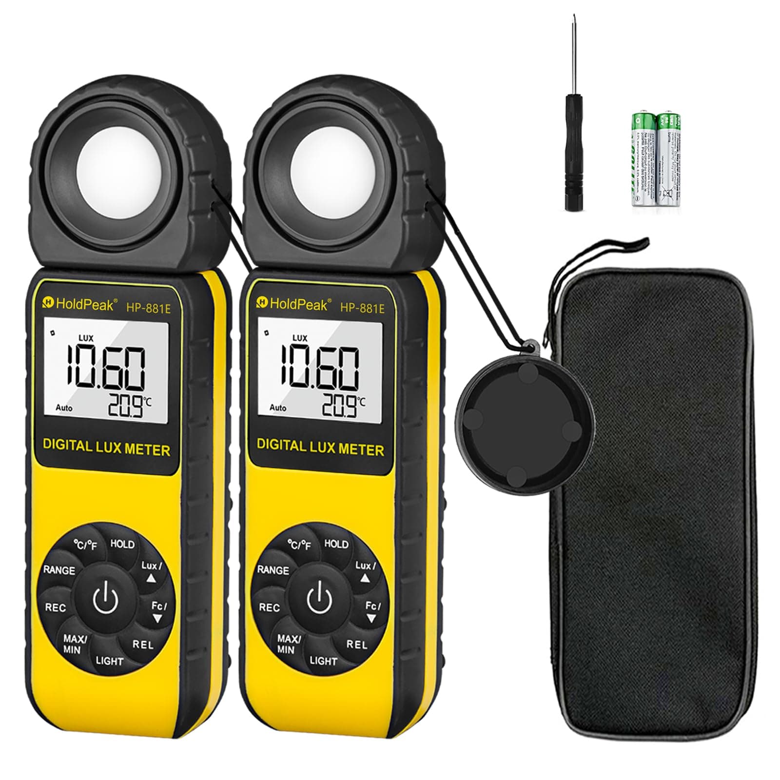 H HOLDPEAK Digital Light Meter (2PCS) - 881E Digital Illuminanc/Light Meter with 0.01~300,000 Lux (0.01~30,000 FC) Measuring Ranges and 270° Rotatable Detector for LED Lights and Plants Lumen Meter